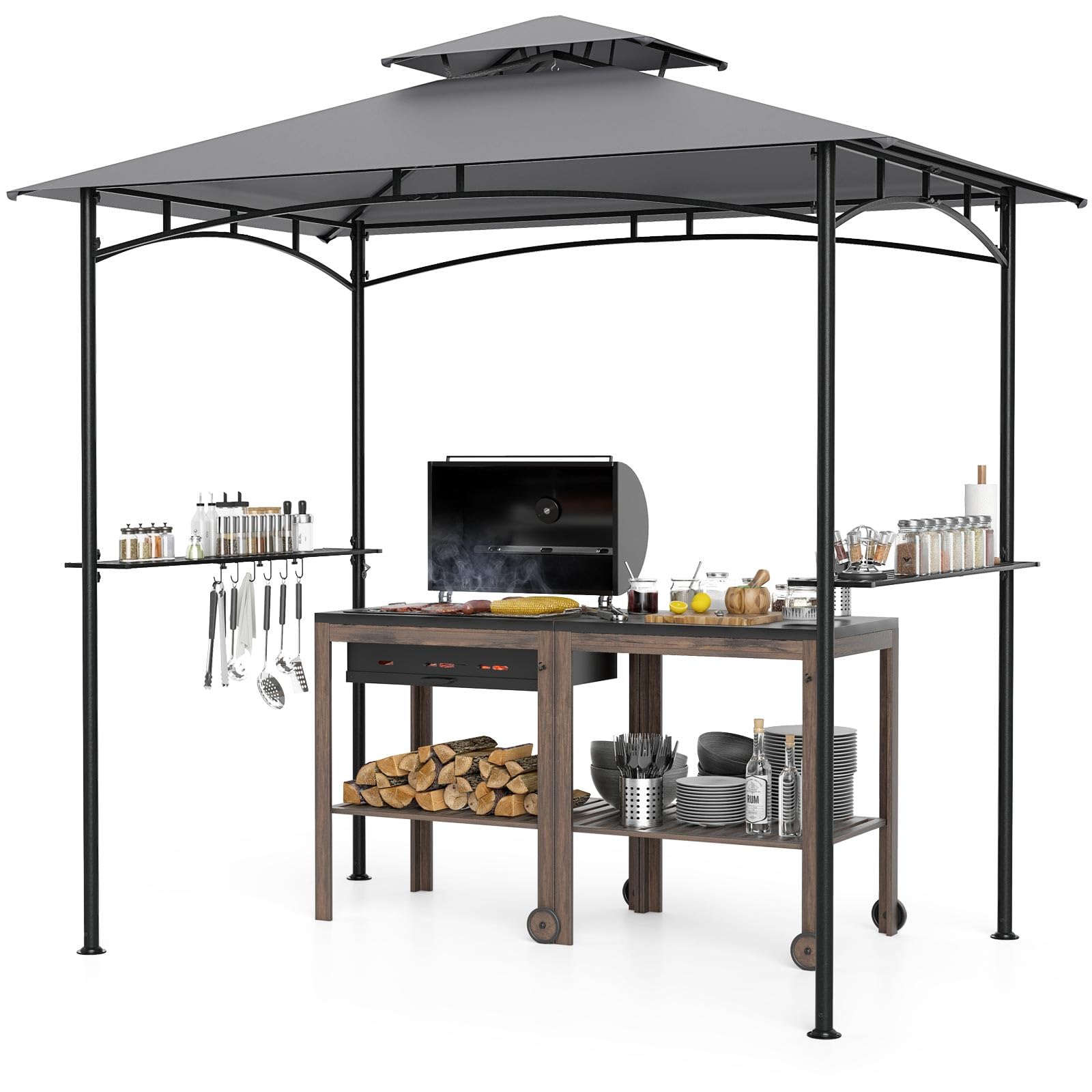 RELAX4LIFE Tonnelle Barbecue Exterieur à Double Toit | Auvent Abri pour Barbecue | Cadre en Métal | 2 Étagères | 6 Crochets | Ouvre-Bouteille | Tonnelle de Jardin Extérieur Facile à Monter