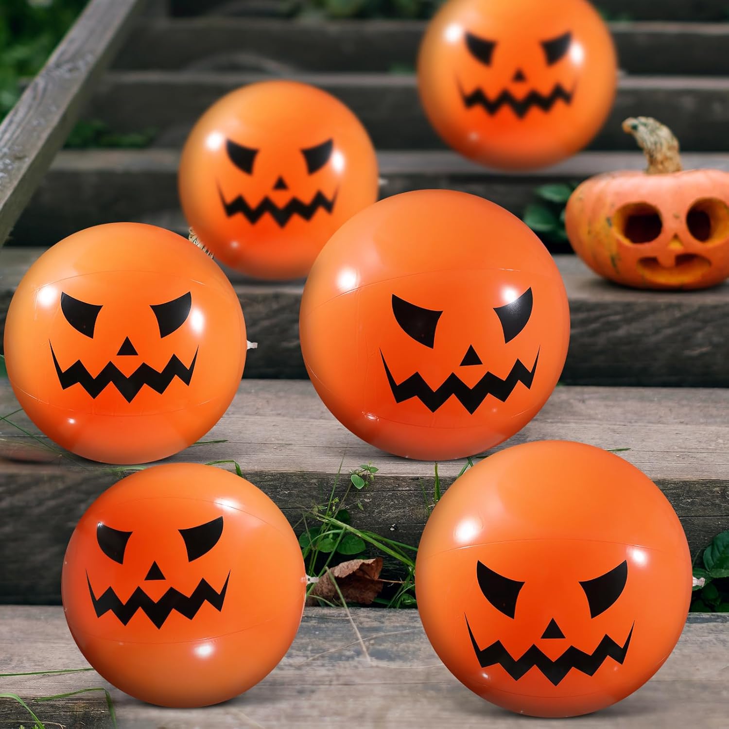 Liliful 16 Pcs Halloween Pumpkin Ball Inflatable 16 Inches Orange Jack O Lantern Ball Halloween Decorations for Indoor Outdoor Carnival Beach Birthday Party