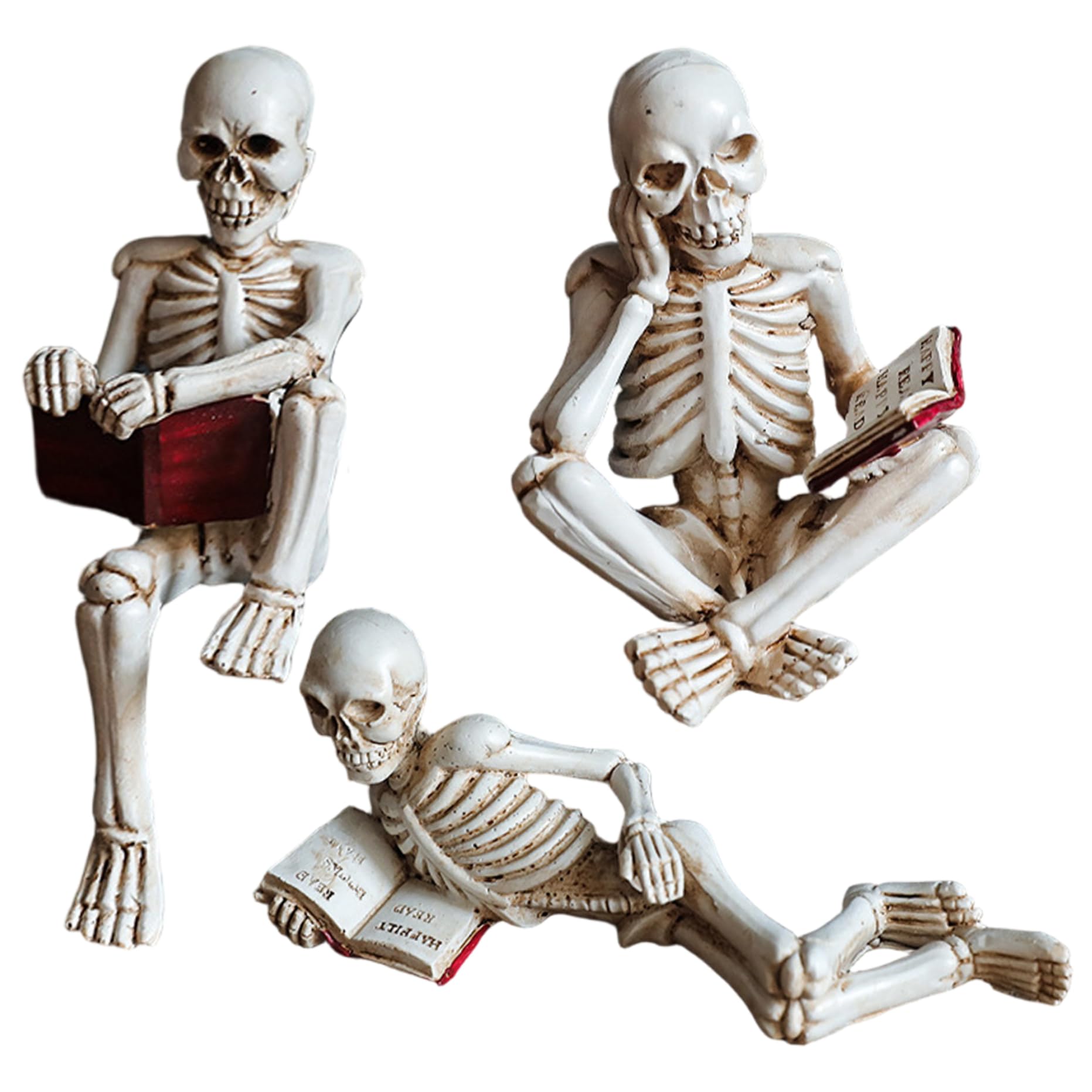 AZIDWERYQ 3Pcs Halloween Skeleton Statue Creative Reading Skeleton Decor Halloween Skull Figurine for Indoor Fireplace Home Kitchen Desk Office Party Decor