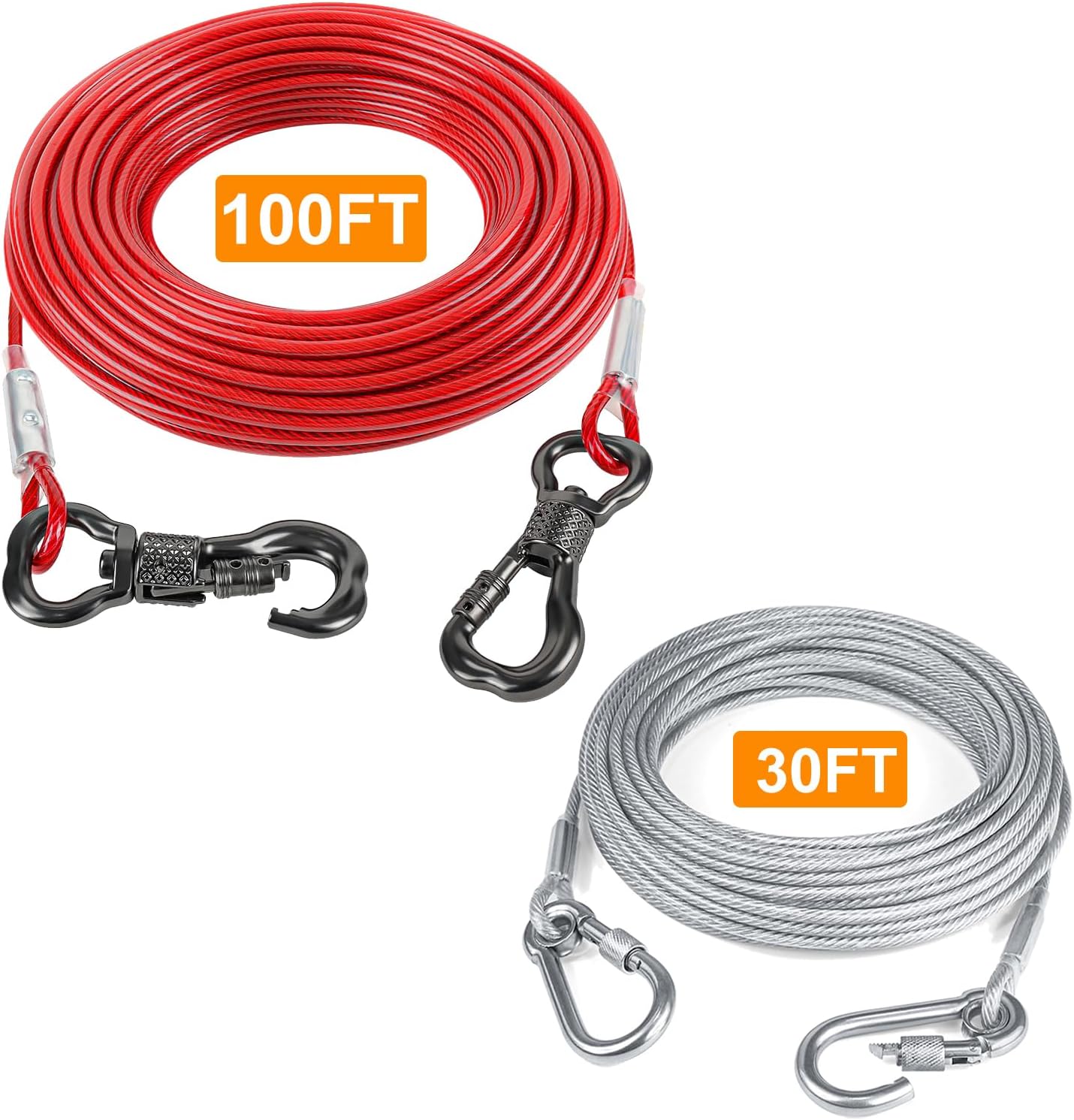 Tresbro 30FT & 100FT Reflective Dog Tie Out Cable for Dogs, Steel Wire Dog Leash Cable with Stainless Dual Fix Buckle, Lightweight and Durable, Dog Chains Outside for Outdoor,Yard,Camping