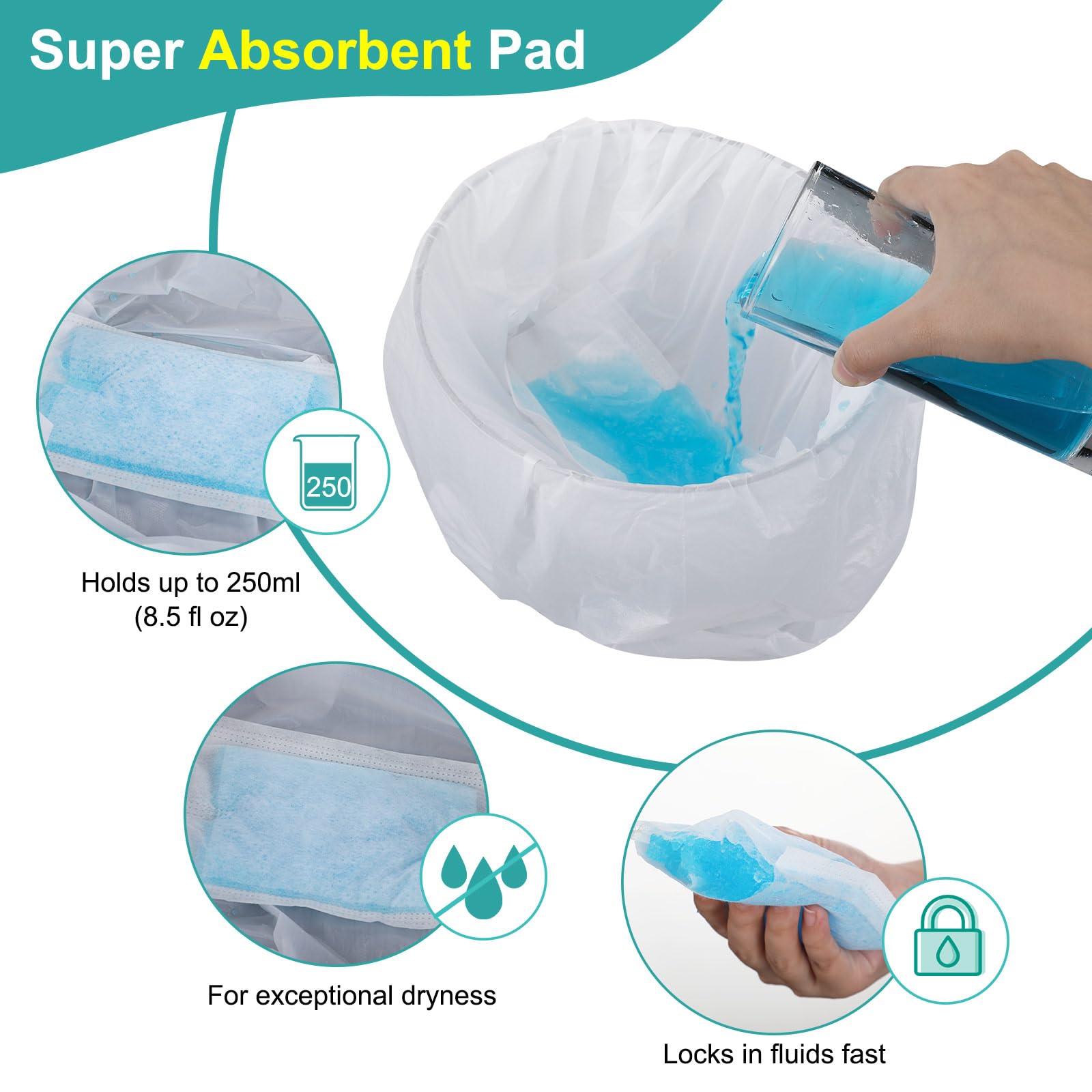 Reallnaive 120 bolsas de viaje para orinal de viaje, forros de tocador para mesita de noche, con almohadillas absorbentes, bolsas de entrenamiento desechables para orinal portátil, bolsas de