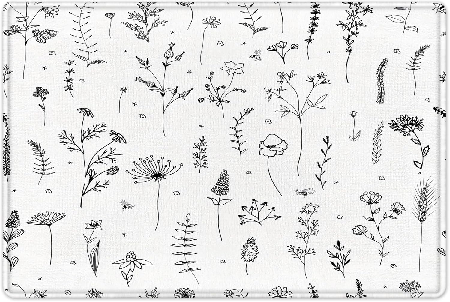 Country Wildflower Shower Curtain Sets with Rugs,Black and White Floral with Leaf Plant Shower Curtain Modern Aesthetic Polyester Fabric Bathroom Curtains Shower Set,70L X 70W inches