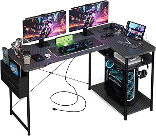 Acrolix L Shaped Gaming Desk 55 Inch - Computer Corner Desk with Power Outlets, Reversible Shelves & Storage Bag for Home Office, PC Gaming Table, Black Carbon