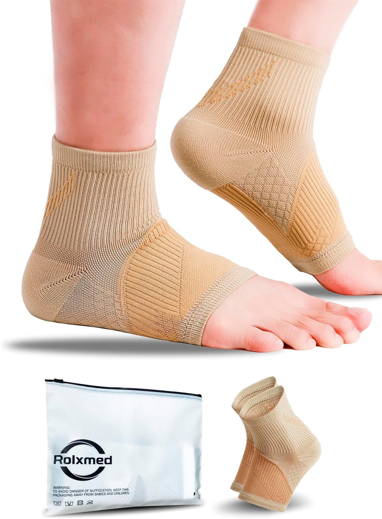Sports Ankle Brace Support Compression Sleeve Neuropathy Plantar Fasciitis Relief Socks for Women & Men, Open Toe (1Pair) (Beige, M)