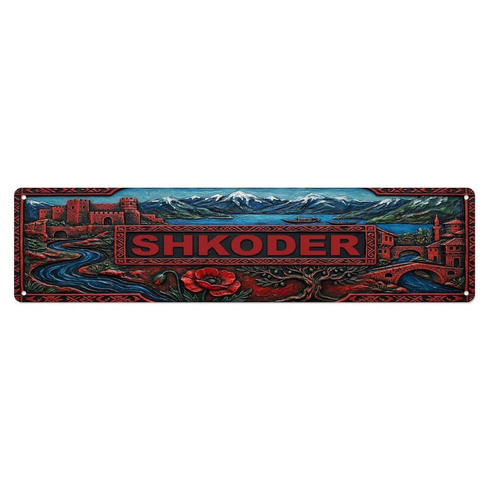 Cwbufd Vintage Style Vintage Shkoder Albania Flag Pattern Vintage Metal Tin Sign Plaque Wall Decor For Cafe, Club Bar, Office, Garden Metal Poster 4X16inch