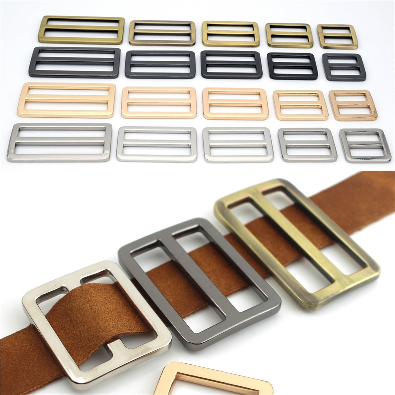 Hebillas de cinturón de 15 piezas de hebilla de metal Tri-Glide, deslizador cuadrado ajustable, artesanía de cuero, correa de bolsillo, correas de cincha, piezas