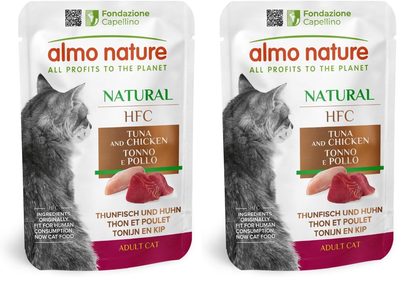 Almo Nature HFC Natural per Gatti Adulti- Cibo Umido Gatti Adulti con 100% Tonno & Pollo Freschi di Qualità HFC. Pacco da 48 Bustine x 55g cad.