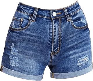 Silunma2021 Women's Hole Folded Hem Shorts Casual Retro High Waisted Summer Shorts Stretchy Shorts with Button Pockets