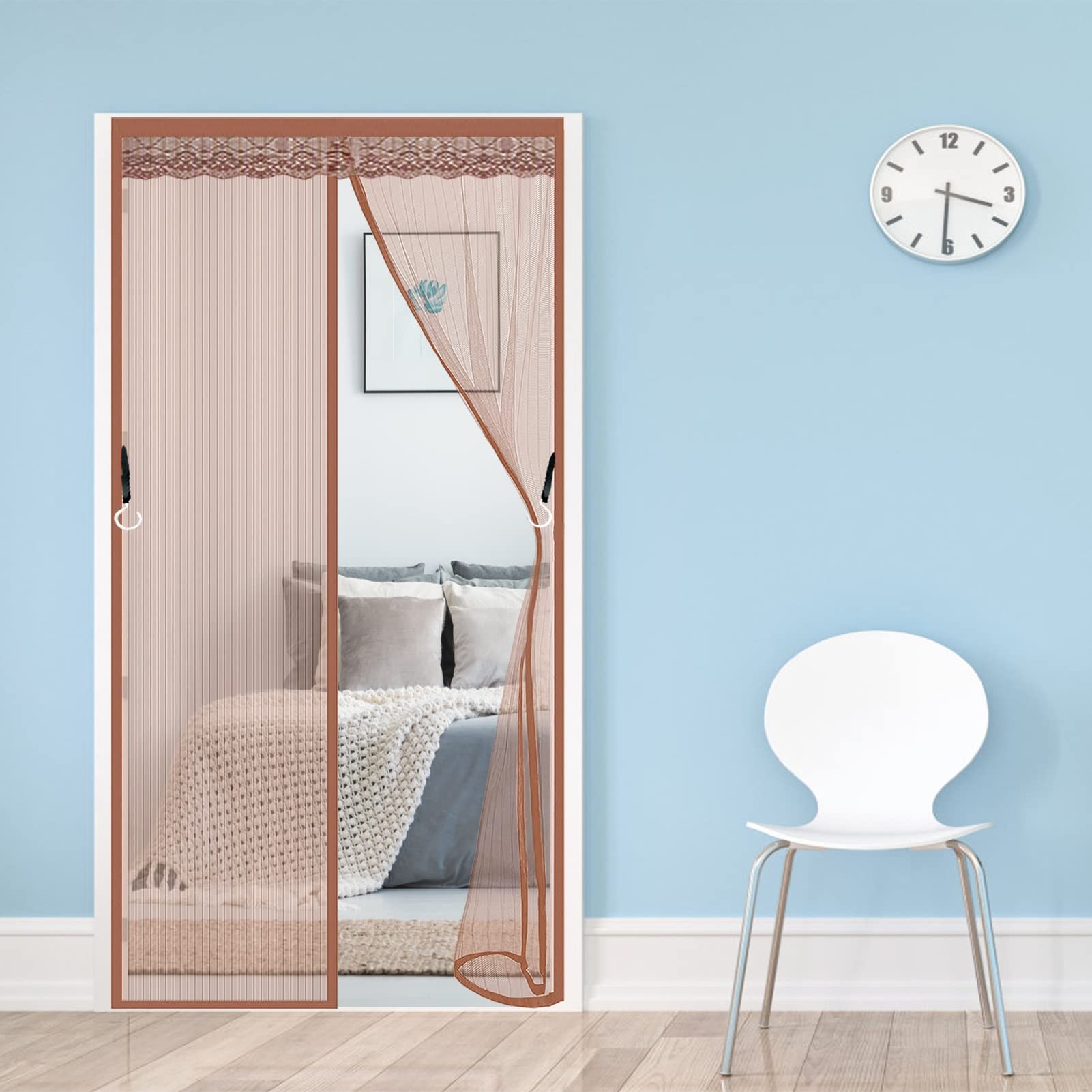 Amzero Brown Magnetic Screen Door For Sliding Glass Door, 90X205cm Instant Screen Door Anti Mosquito Bugs Mesh Curtain For Keep Bugs Fly Out,