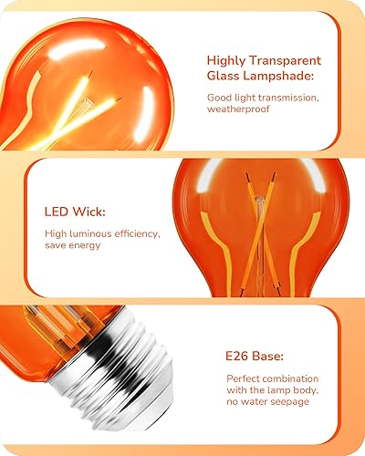 Miniatura 5 de EDISHINE Bombilla de filamento de vidrio naranja de Halloween, bombilla LED A19 regulable de 8 W, bombilla LED Edison naranja para decoraciones de