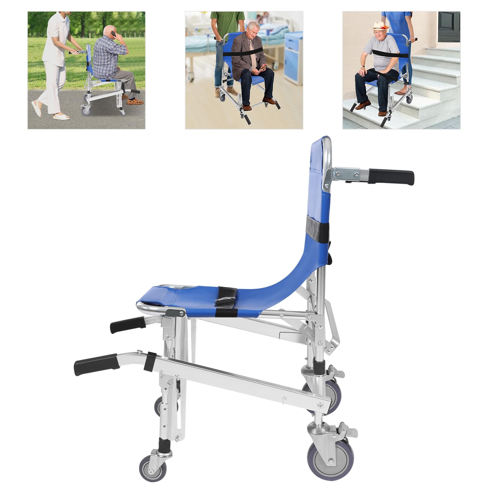 Krzesło schodowe dla seniorów, składane, ze stopu aluminium, z uchwytami, pasy bezpieczeństwa, podnóżek, krzesło ewakuacyjne do wózka ratunkowego, strażaka, do 160 kg