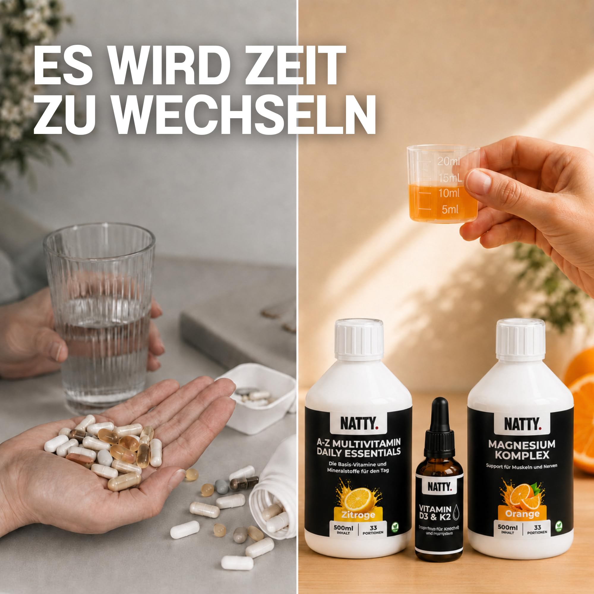 NATTY A-Z Daily Vitamin Bundle – Flüssige Vitamine ohne Kapseln – 3x Multivitamin Zitrone, 3x Magnesium Komplex Orange & Vitamin D3 K2 Tropfen – 100 Tage Vorrat