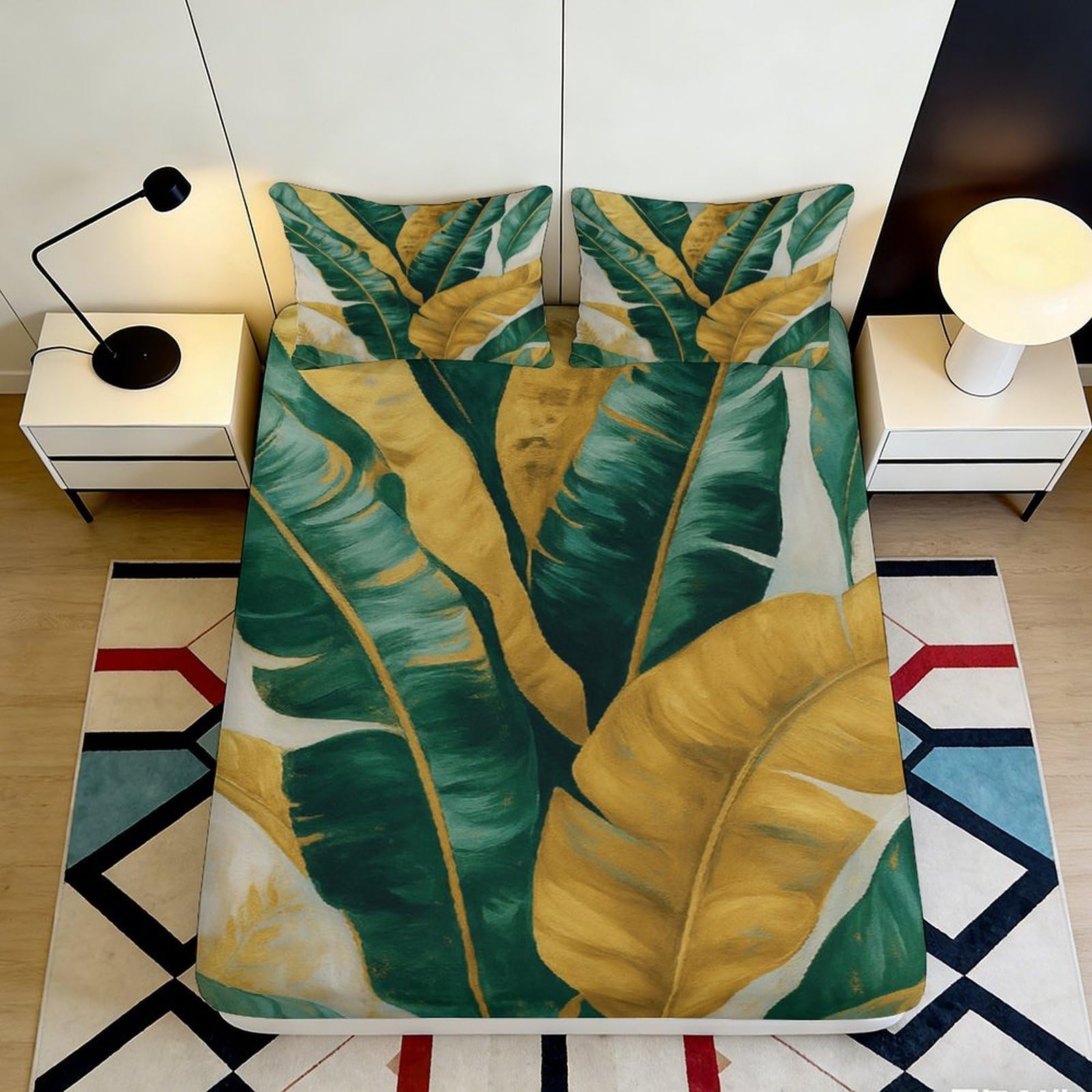 3D Printed Tropical Banana Leaf Fitted Sheet Microfiber Soft Mattress Cover Bedroom Decor Anti-Slip Easy Care 90x200x25cm