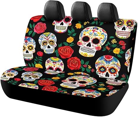 Soft Back Seat Covers Set Universal Fit for Most SUV & Truck Bench Seats, Mexican Day Dead Rose Sugar Skulls Fashion Car Interior Decor