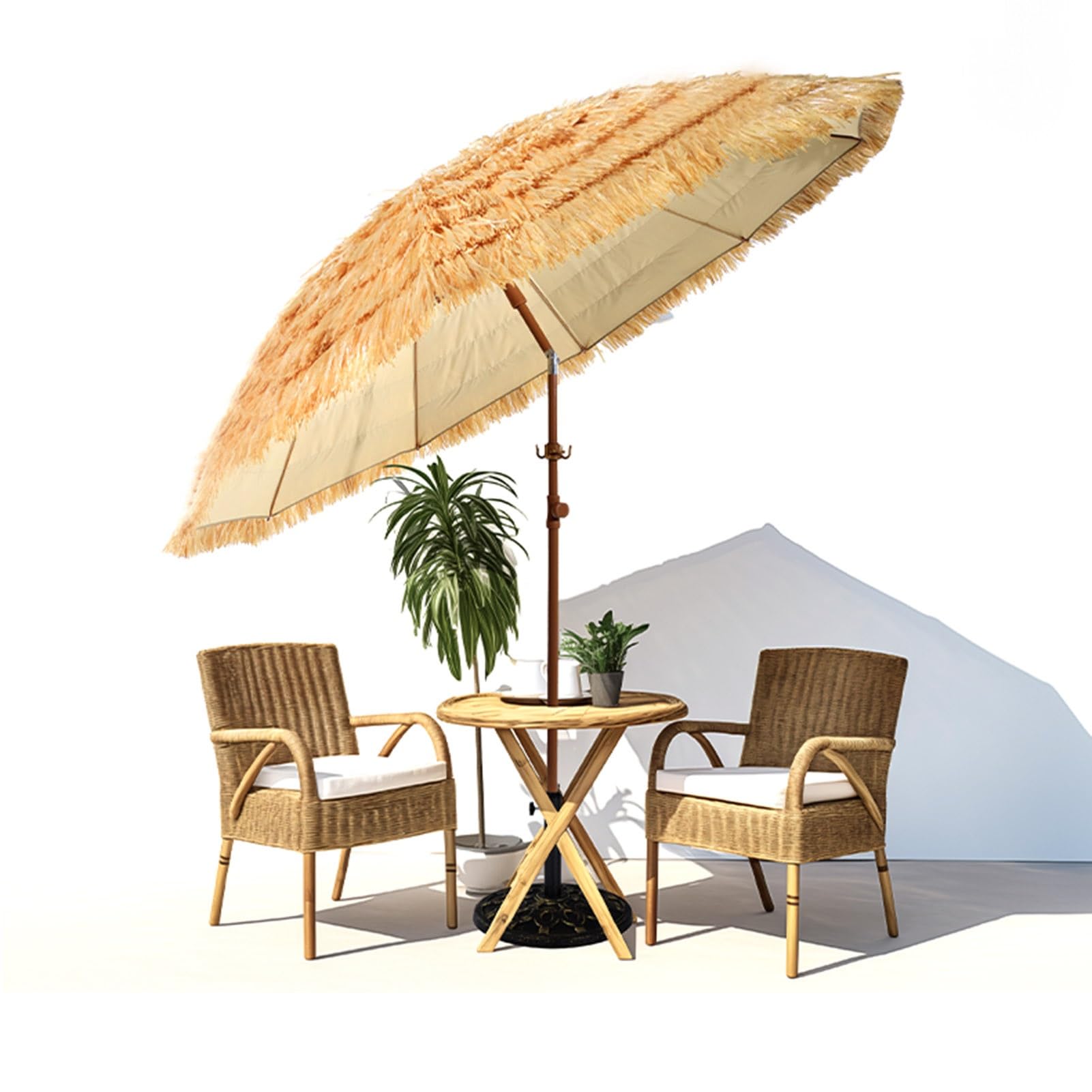 Tiki Parasol tarasowy 2,1 m / 2,4 m, ochrona przed promieniowaniem UV, na zewnątrz, hawajska słomka, pochylany przenośny, z torbą do przenoszenia, haczykiem i żelaznym drążkiem środkowym
