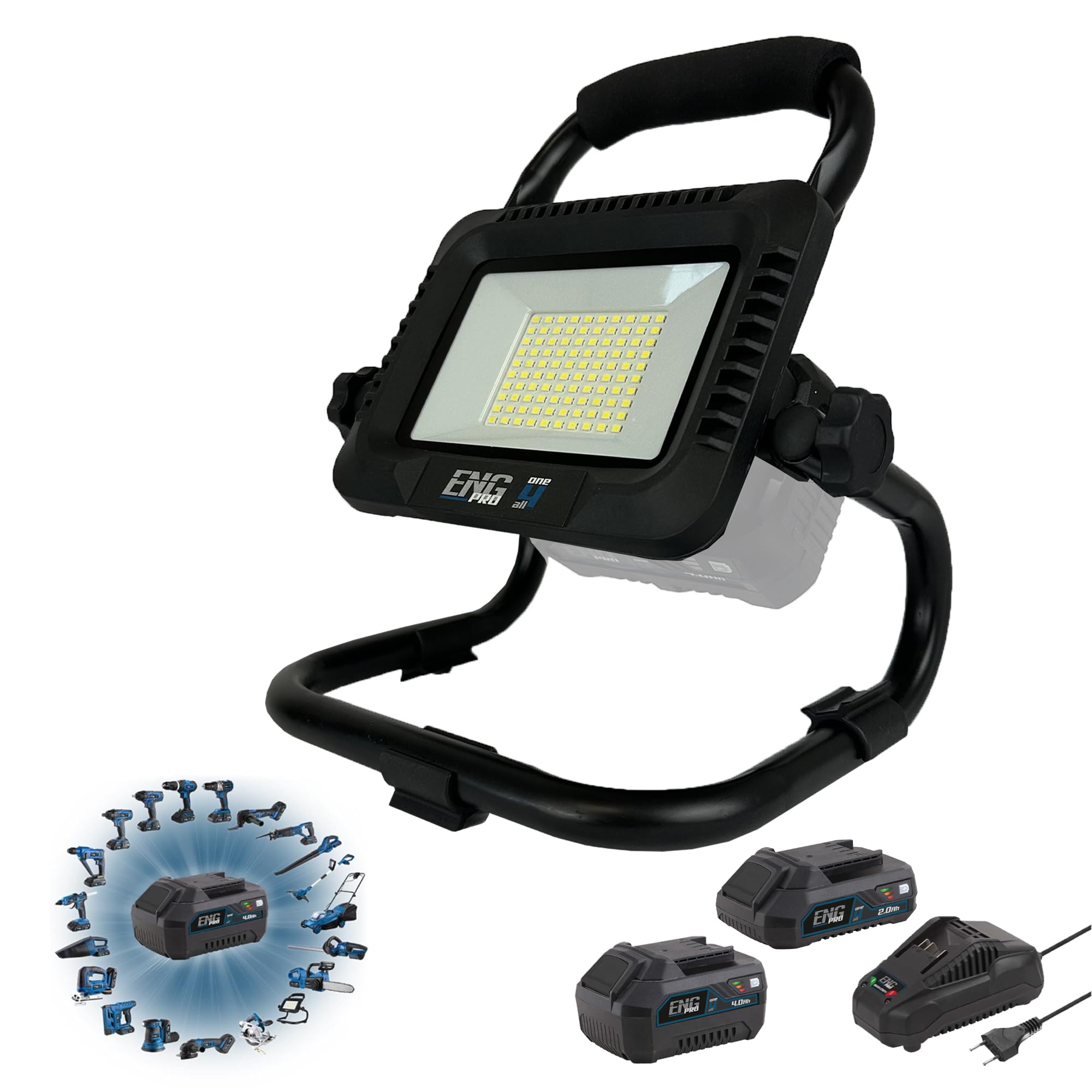 Faro Lampada 100 LED Luce da lavoro Faretto | Linea Professionale a Batteria ONE4ALL | 50 W Luminosità Regolabile fino a 5000 lm | 2 Batterie 2 e 4.0 Ah