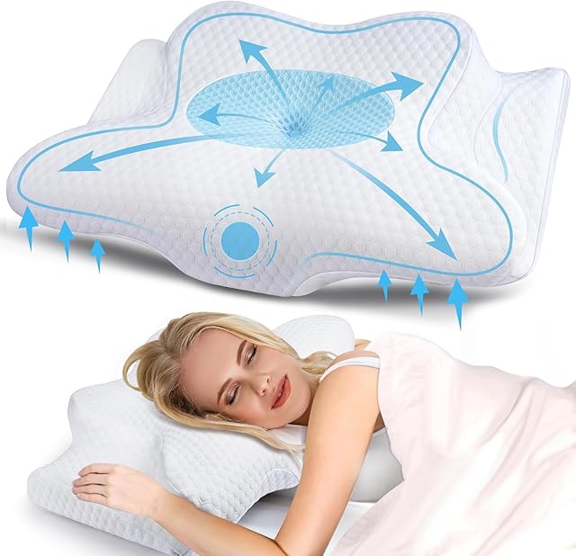 Cervical Memory Foam Pillow for Neck Pain Relief, 2 in 1 Orthopedic Sleeping Pillow, Shoulder Pain Ergonomic Head Neck Support Pillow for Side/Back/Stomach Sleepers with Removable Cover, Blue
