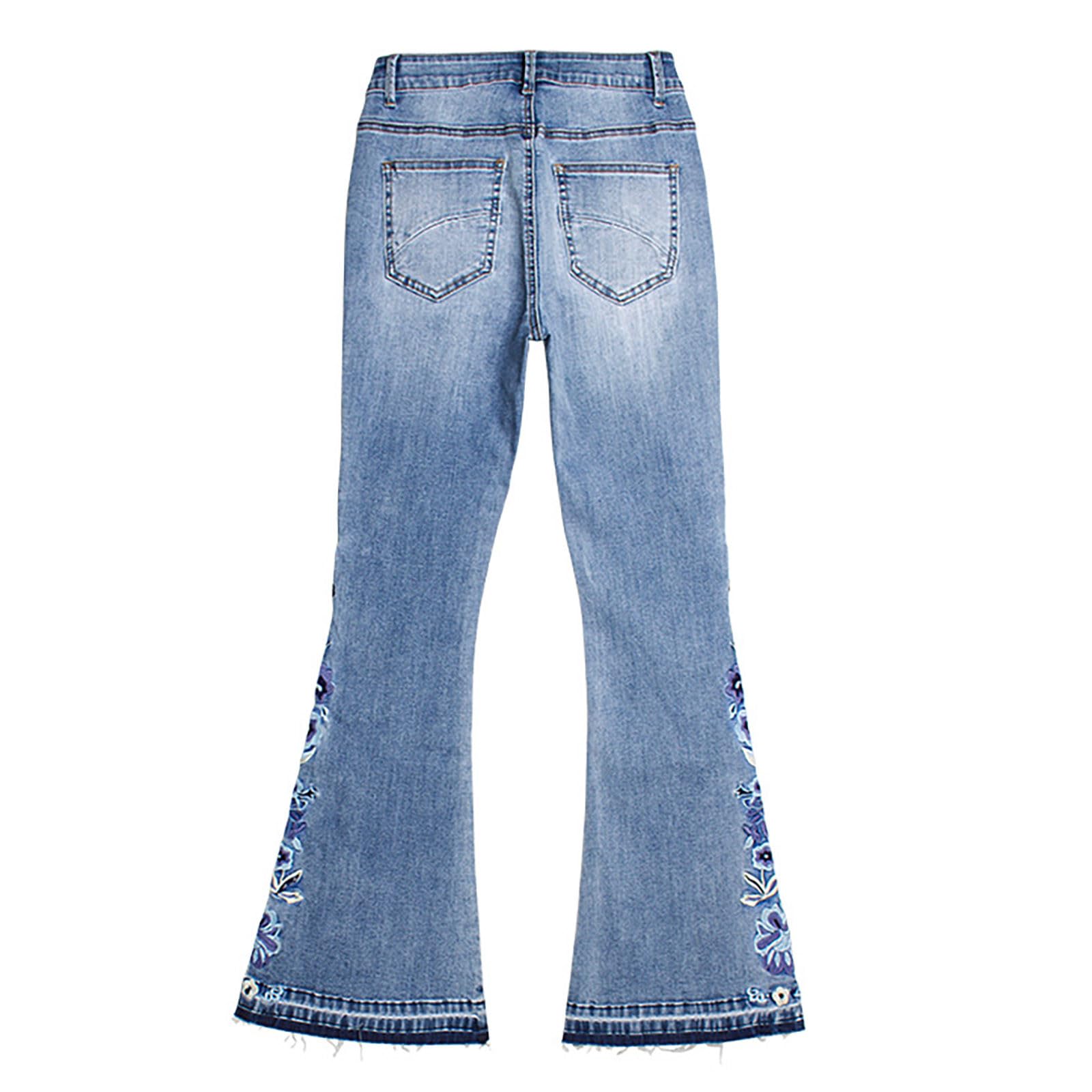 Schlaghose Damen Jeans Blumen Jeanshosen Schlank Geblümt Bestickt Denimhose Vintage Stickerei Schlagjeans mit Taschen Elegante Bootcut Röhrenjeans Hohe Taille Flared Pants Y2K Style Denim Freizeithose