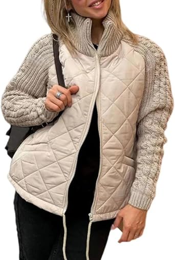 Womens Knit Patchwork Puffy Jacket, Winter Warm Lightweight Outwear with Pocket