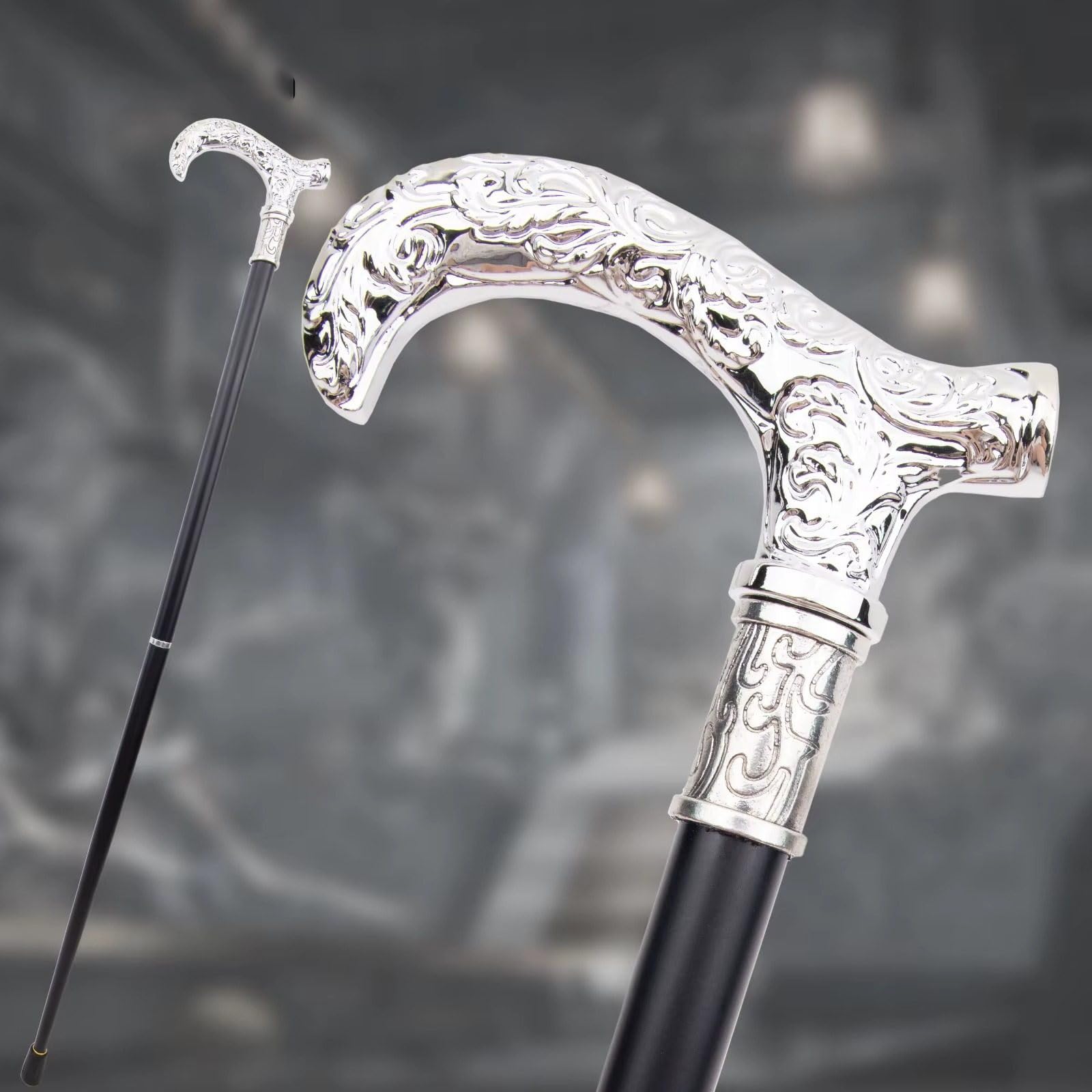 Bastón de Caminar Metálico Platado Plata – Ornado & Tallado, Estilo Británico, Elegante & Lujoso para Senderismo, Cosplay, Uso Diario & Regalo