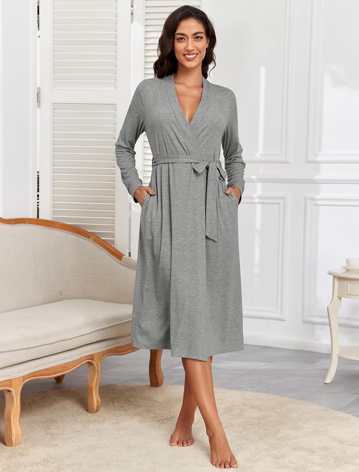 ZAFUL Women's Robe Soft Lightweight Long Knit Kimono Bathrobe V-neck Casual Sleepwear Loungewear - Image 3