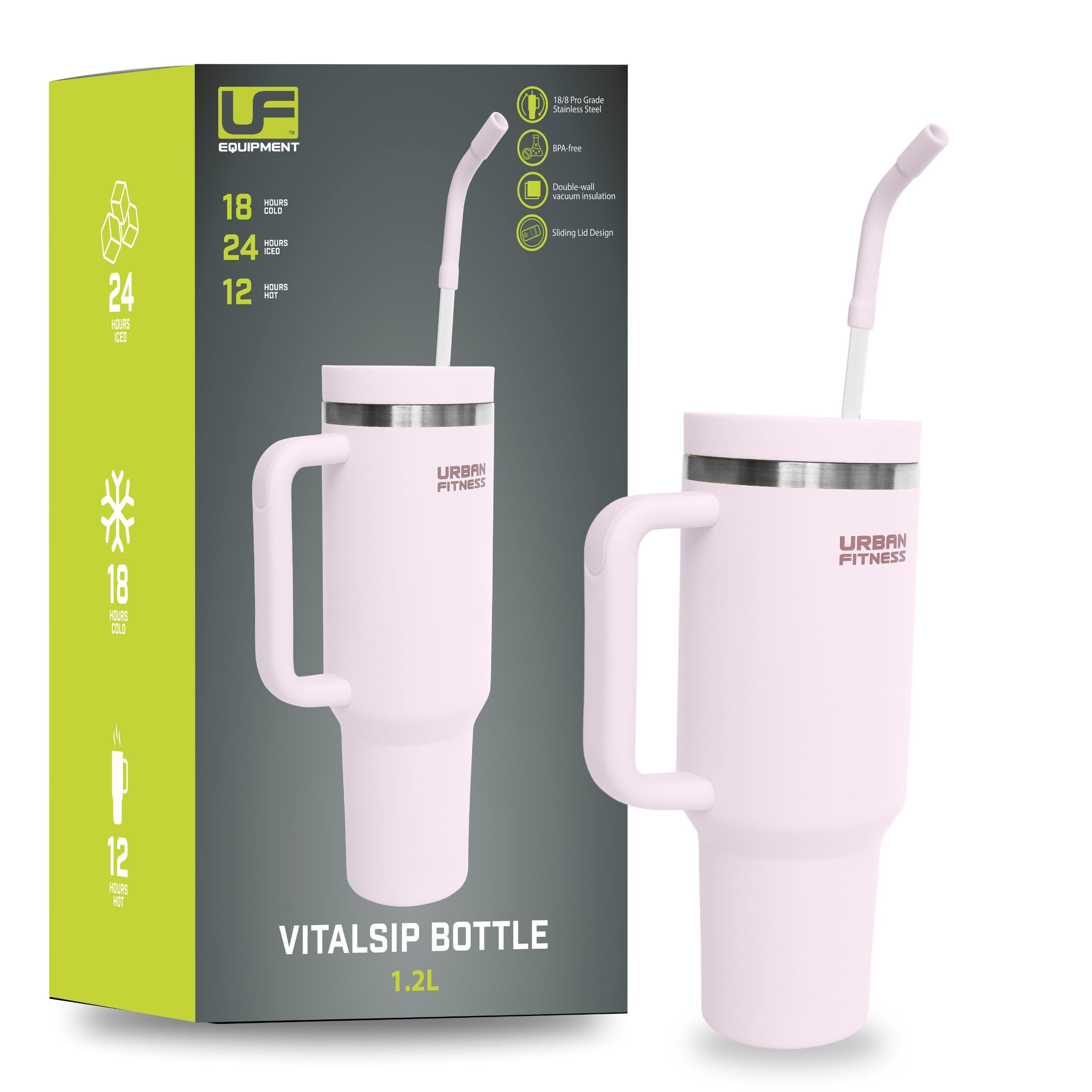 Urban Fitness VitalSip V2 Bottle, 1200ml 40oz, Insulated Stainless Steel, Sliding Lid with Straw, BPA-Free, Hot 12 Hours & Cold 18 Hour, Drink Tumbler, Pink