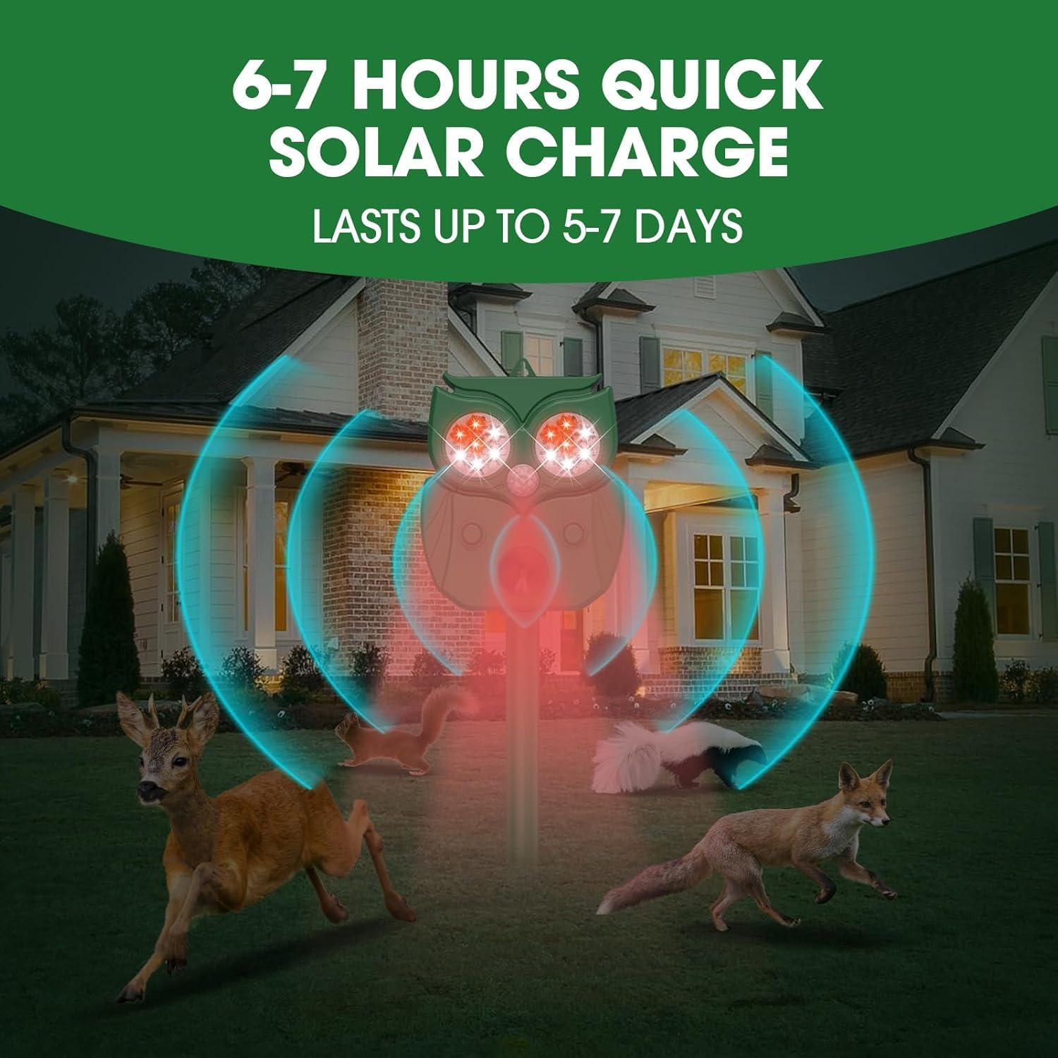 Solar Ultrasonic Animal Repellent Outdoor, Ultrasonic Deterrent with LED Light for Deer, for Yard Farm Garden, Waterproof, Green