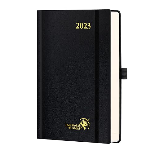 POPRUN Diary 2023 Page A Day Hardback -21.5 x 14.5 cm 2023 Daily Planner Day per Page with FSC® Certified Paper - A5 Diary 2023 Day to Page, Inner Pocket - Black