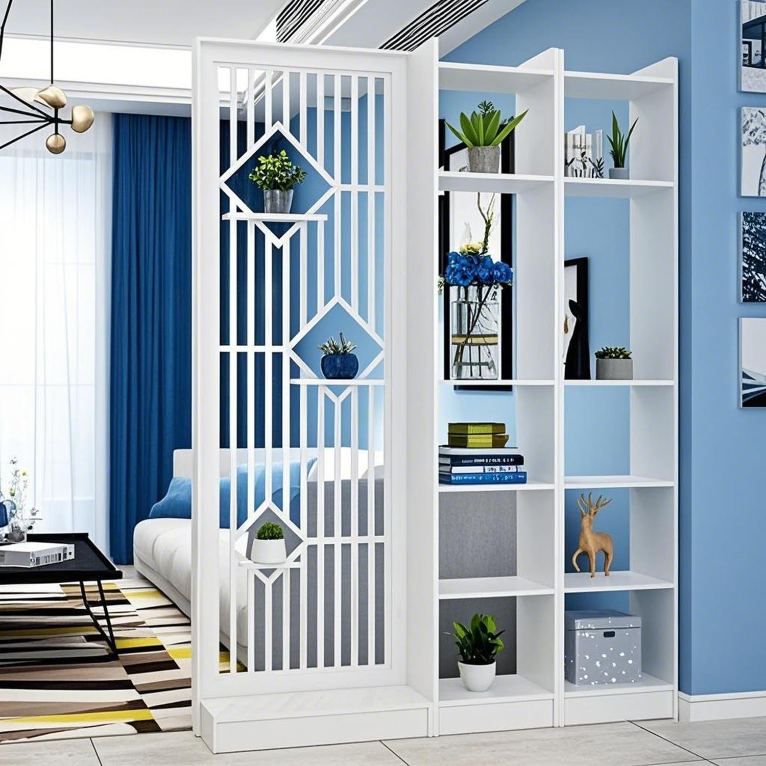 MESCXTY Modern Wall Room Divider, Wood Divider Screen, Storage Cabinet with Shelves，Wall Privacy Screens for Home Office Decorative (White,55.1''L*11.8''W*74.8''H)