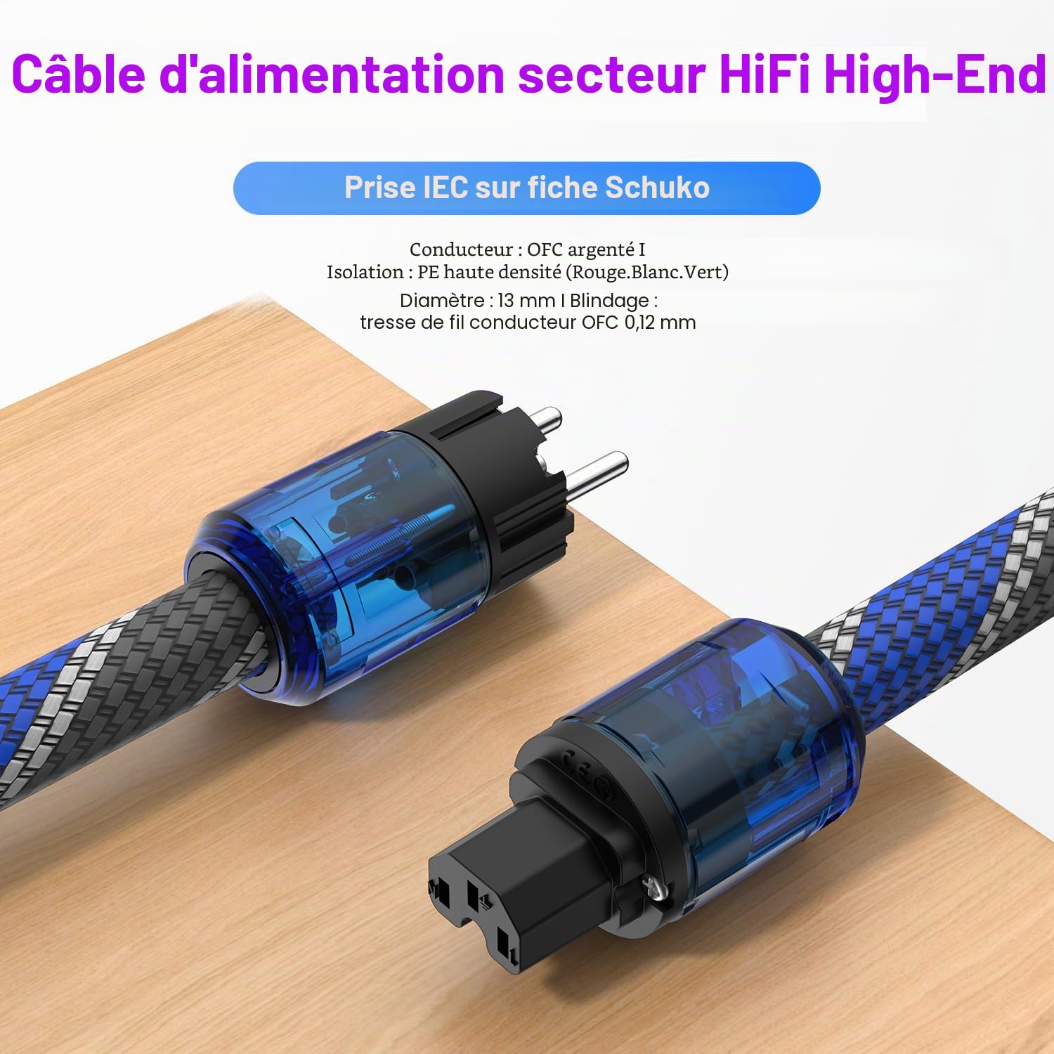 Tertullus Câble d'alimentation HiFi High End C15 câble d'alimentation audio HiFi avec prise Schuko et connecteur de dispositif froid (P037, rouge gris bleuté, 2 m)