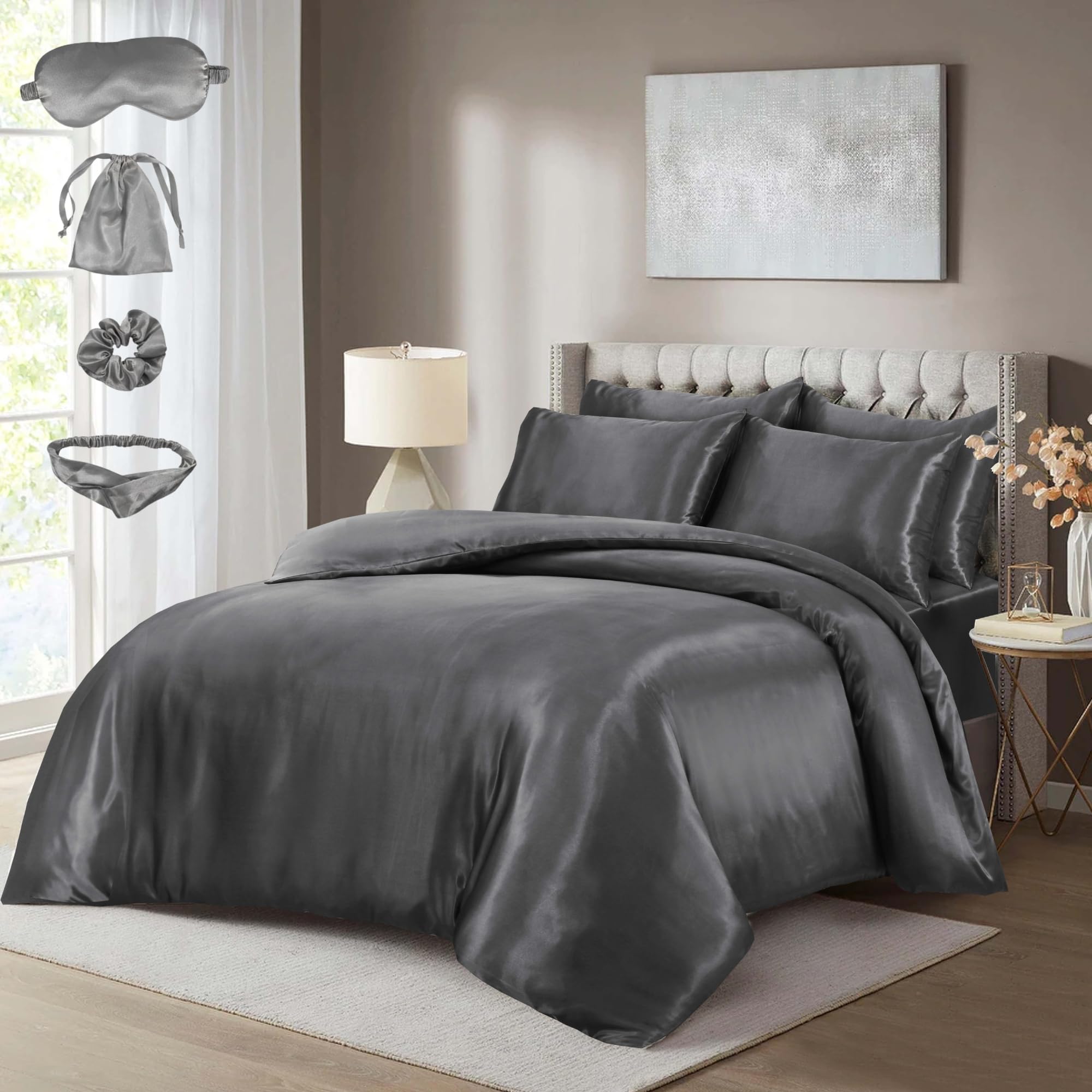 BOSKI LONDON Luxury 10 Piece Satin Silk Complete Bedding Set | Duvet Cover, Fitted Sheet, Pillowcases & Accessories | Silky Satin Bedding Set Single Double King Super King (SILVER, SINGLE)