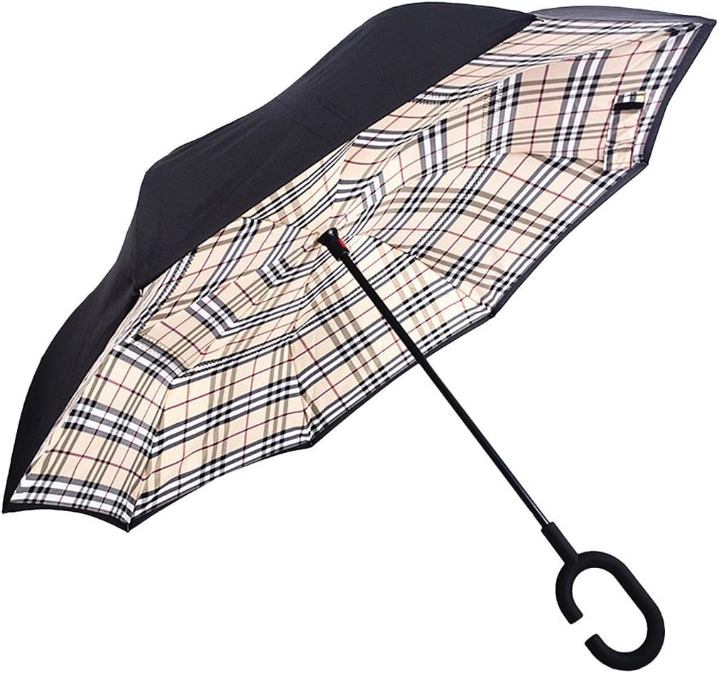 Inverted Umbrella by Satchpro, Reverse Open Windproof Umbrella with C-Shaped Handle & Carrying Case (Khaki Plaid)