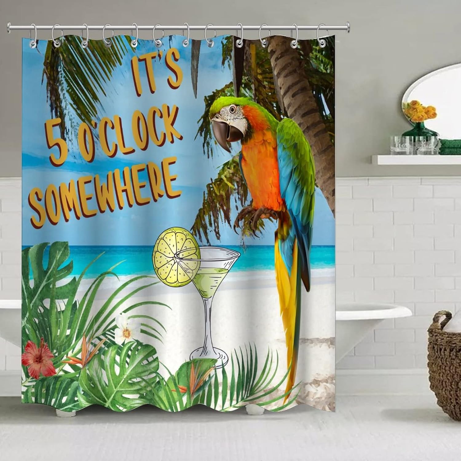 It's Five O'clock Somewhere Shower Curtain with Hooks Watercolor Tropical Parrot Beach Bath Curtains Waterproof Fabric Polyester Shower Curtain for Bathtub Home Bathroom 60" X 72"
