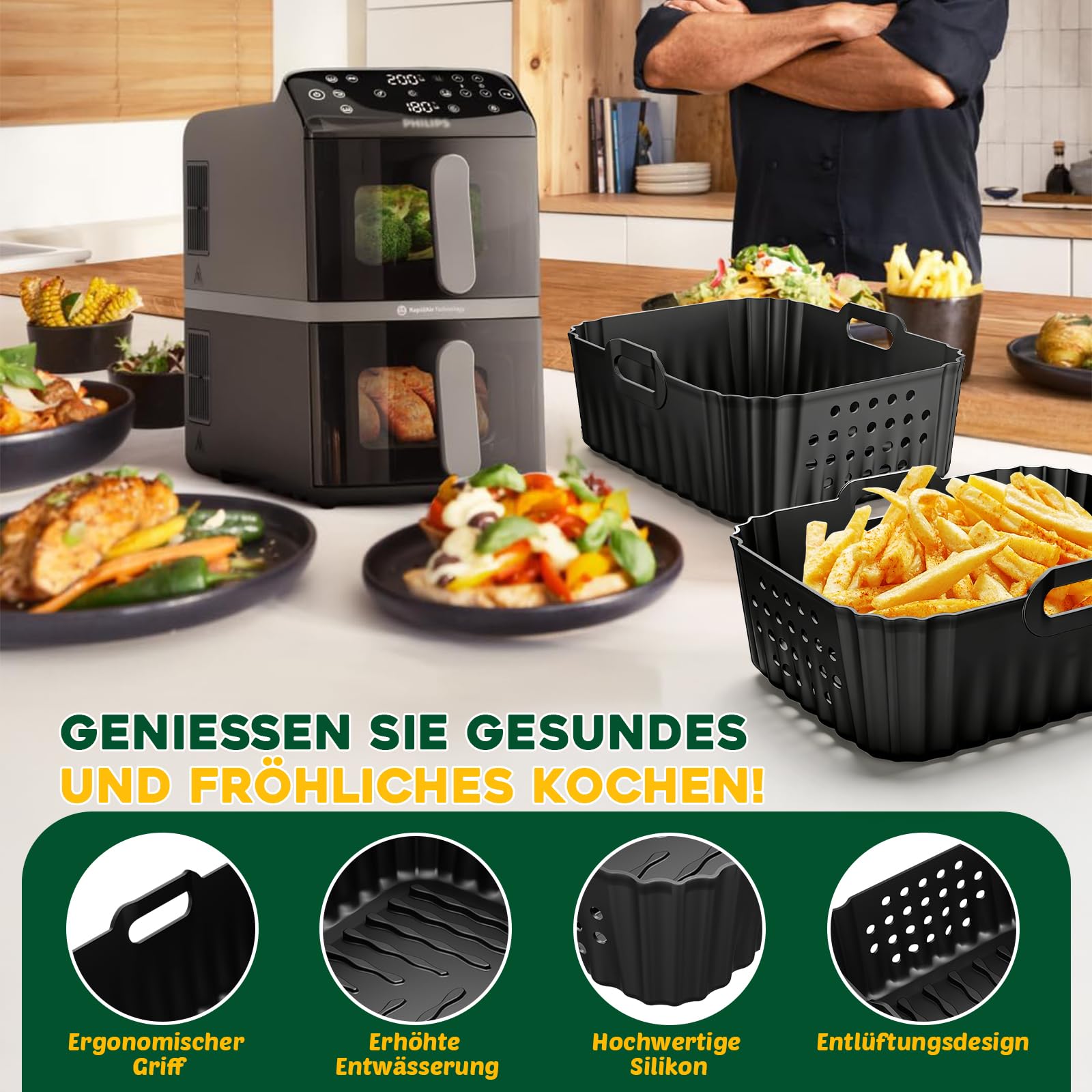 Airfryer Zubehör für Philips NA460/NA462 10L, Silikonform Zubehör | Heißluftfritteuse Zubehör für Philips Airfryer 4000 Series Stacked Dual Basket 10L, uflaufform Einsatz Anstelle Backpapier