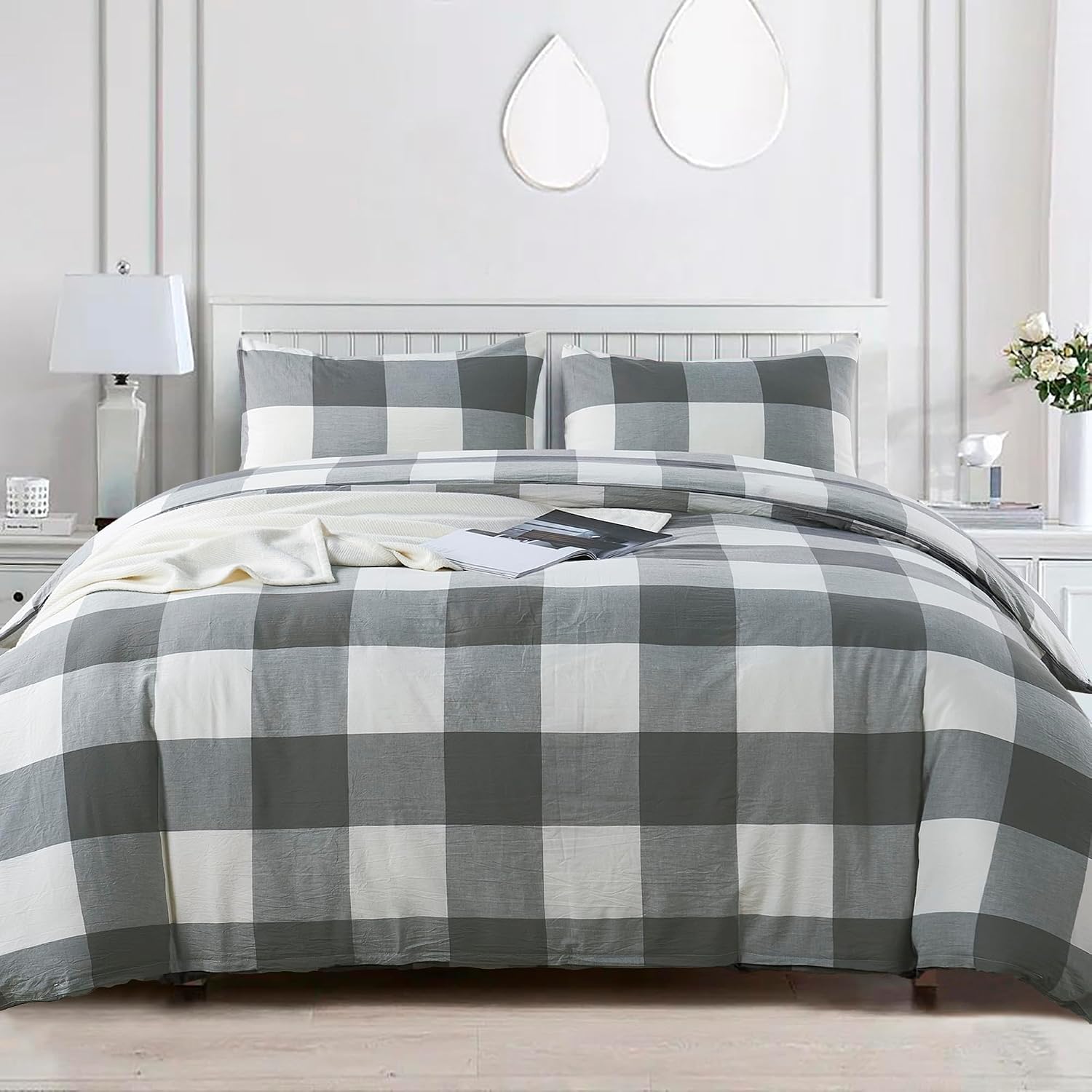 HESTIN Duvet Cover Set King Size 100% Washed Cotton 3 Piece Bedding Set, Grey White Plaid Checkered Textured, Soft Breathable with Zipper Closure Corner Ties