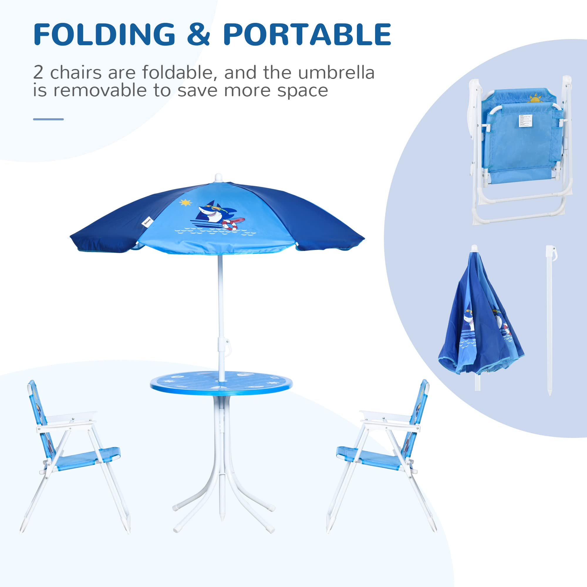 Outsunny Tavolo e Sedie per Bambini da Giardino con Ombrellone Regolabile, Set 4 Pezzi, Blu