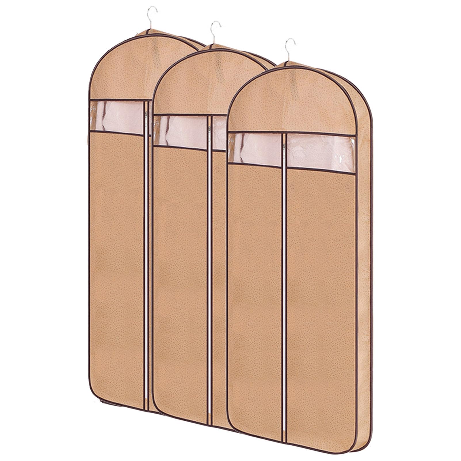 Torba na ubrania, Zestaw 3 toreb z włókniny, torba podróżna na garnitur przezroczystym okienkiem, pokrowiec ubrania, organizer do garderoby(Khaki,130x60x10cm)