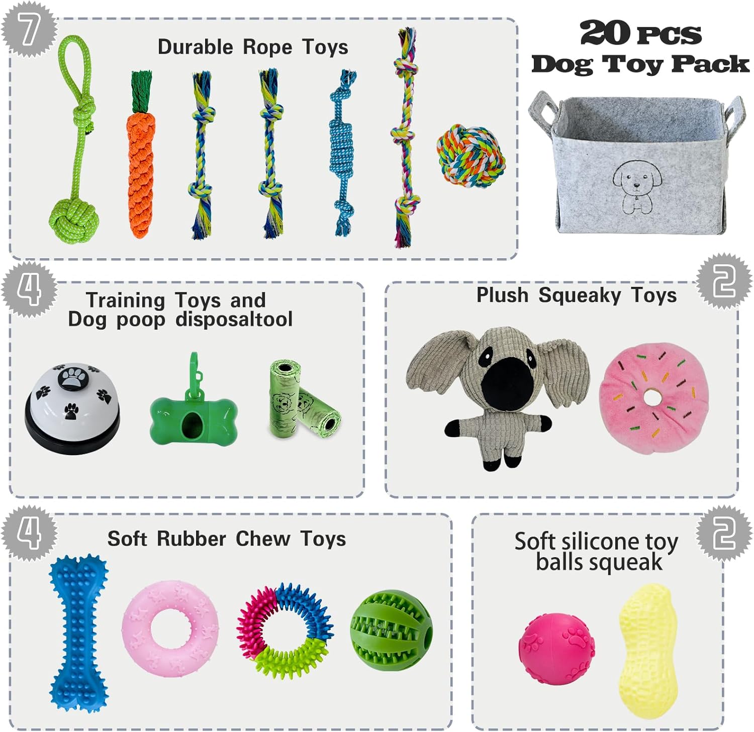 MRSOHRET 20Pcs Puppy Chew Toys for Teething, Dog Chew Toys with Rope Toys, Pet Dog Toothbrush, Treat Balls, Plush Toys and Squeaky Toy for Small Medium Dogs with Basket