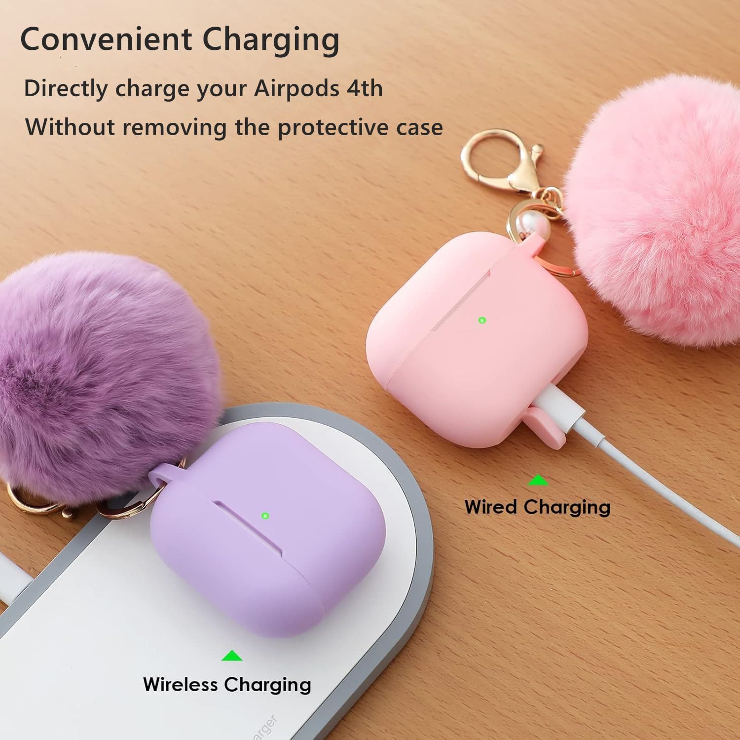 Funda protectora para Airpods de 4ª generación, funda de silicona suave con bonito pompón de bola esponjosa y kit de llavero (morado)