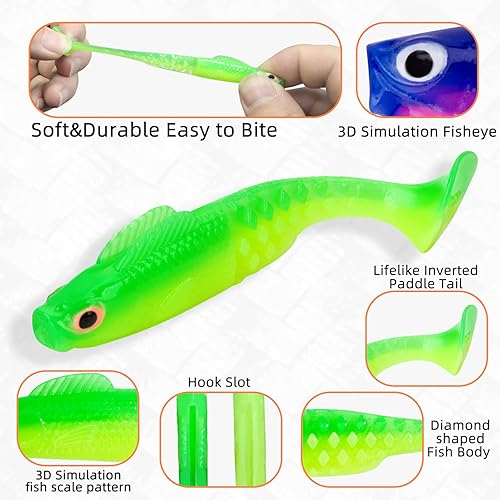 Miniatura 2 de SHOWYEE Señuelos de pesca de plástico suave, cola de remo de silicona artificial con olor a pescado, cebo de PVC Swimbait Wobblers Shad Softbaits