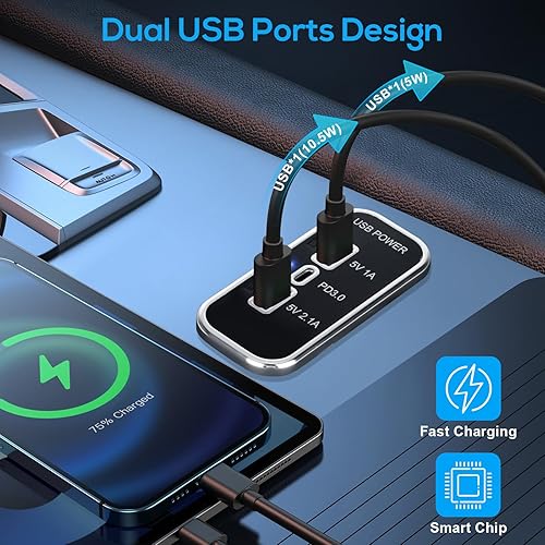 Miniatura 2 de 3 puertos de salida USB de 12 V, puerto USB A dual 3.1A, puerto tipo C PD QC 3.0 carga súper rápida compatible con teléfono 14 13 12, S22 S21 S20,
