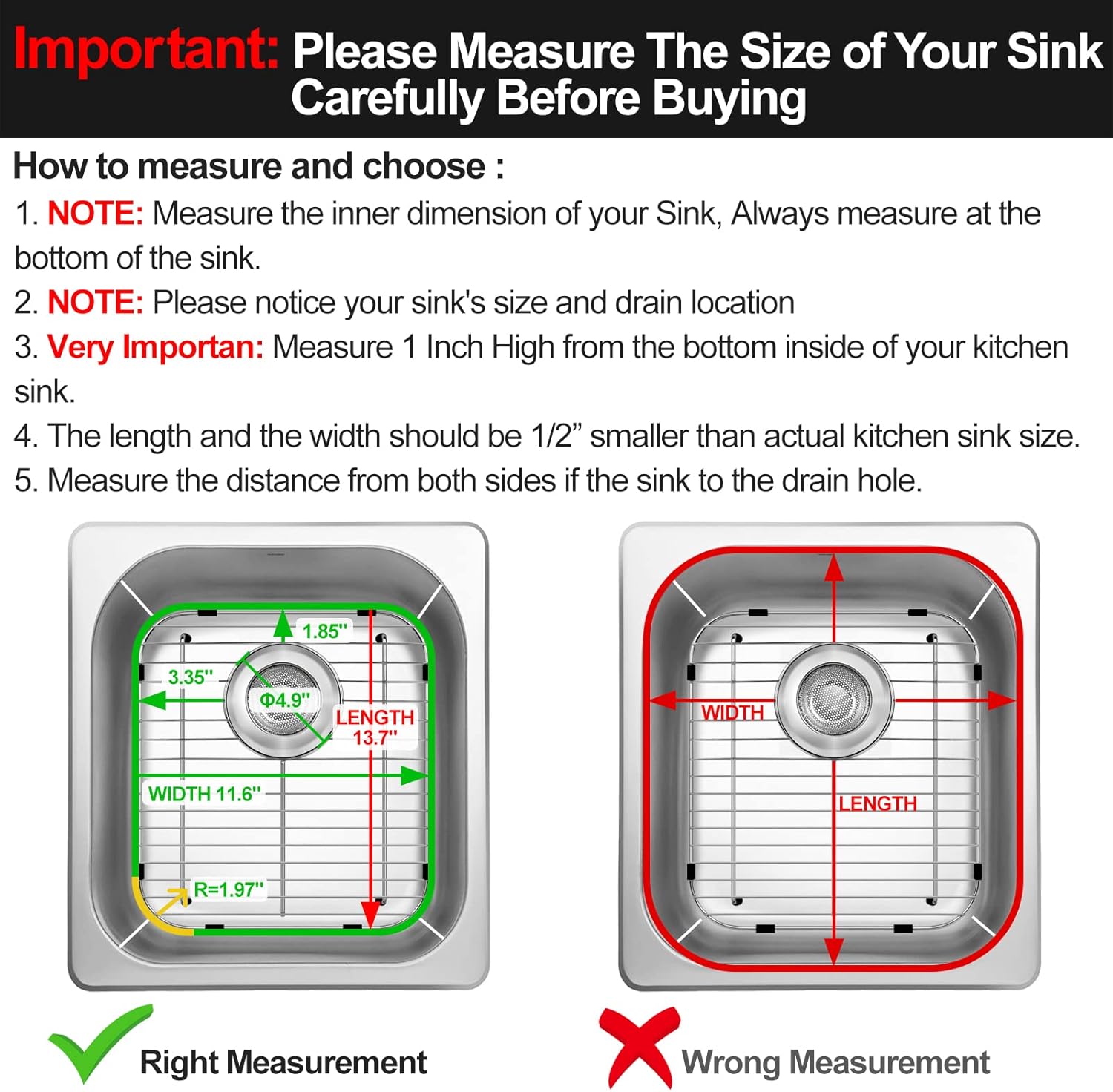 ARLBA 2 Pack 304 Stainless Steel Sink Protectors for Kitchen Sink with Rear Drain Hole,13.2"x11.5"x1.25" Kitchen Sink Grid Universal SinkGrate SinkRack for Bottom of Sink with 2Pack SinkStrainers