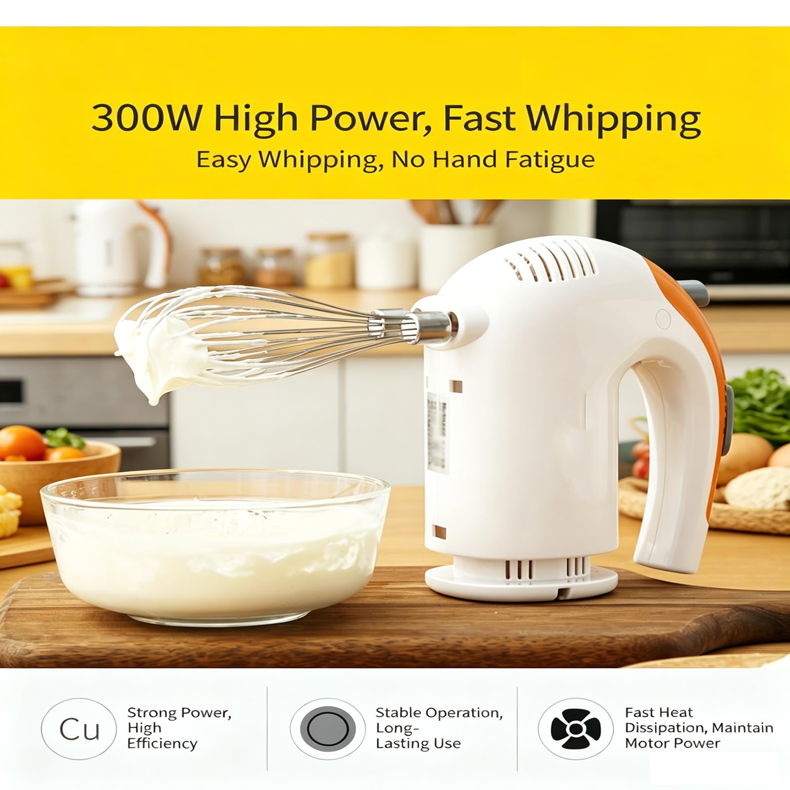 Sbattitore elettrico manuale da cucina 300 W, 5 velocità con fruste in acciaio inossidabile 304, ganci per impastare e frusta - Ideale per la cottura al forno