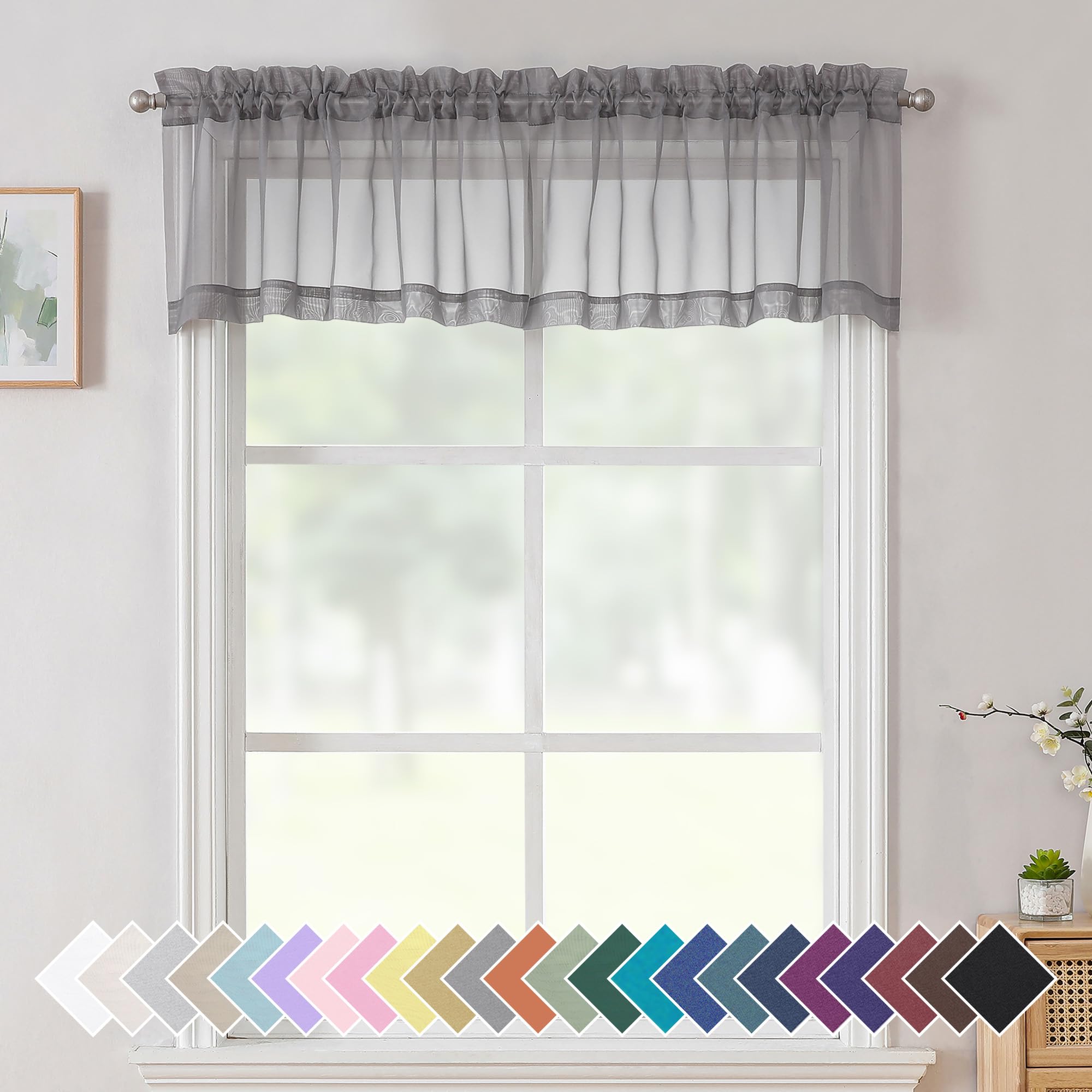 Aiyufneg 2 Panels Grey Sheer Valance - Short Fresh Sheer Curtain Valances for Windows Basement Semi Sheer Valances for Kitchen Window, Dual Rod Pocket (Grey, 40 by 14 Inches Long)