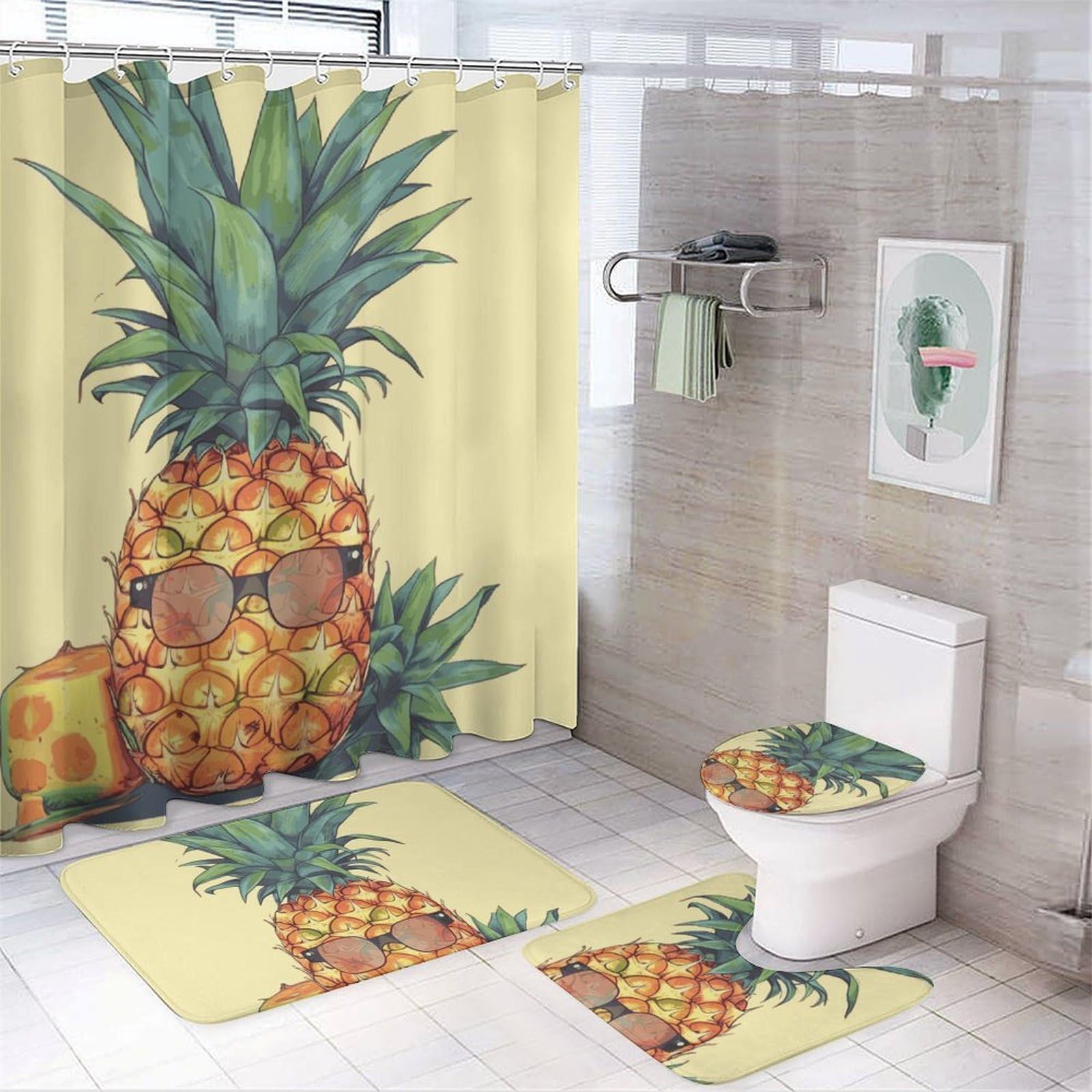 Rideau de douche ananas anti-moisissure avec ensemble tapis de bain de sécurité