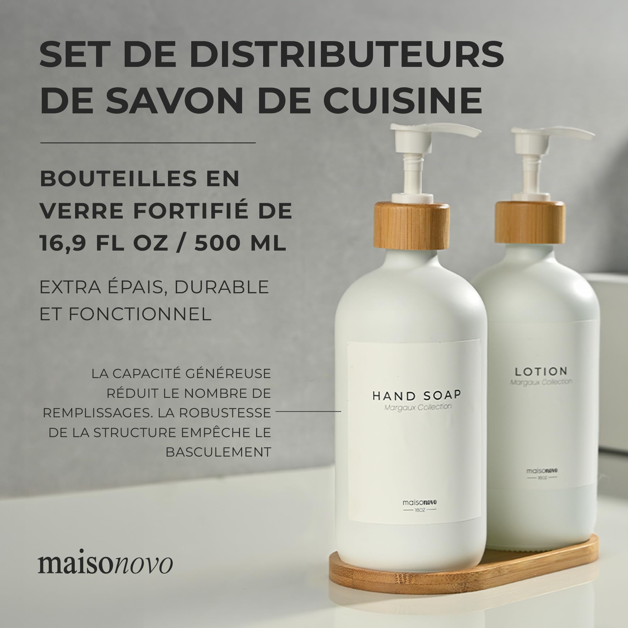MaisoNovo Distributeur Savon Verre Salle De Bain Lot de 2 - Blanc Distributeurs De Savon Et De Lotion avec Pompe Blanche Bambou, Plateau