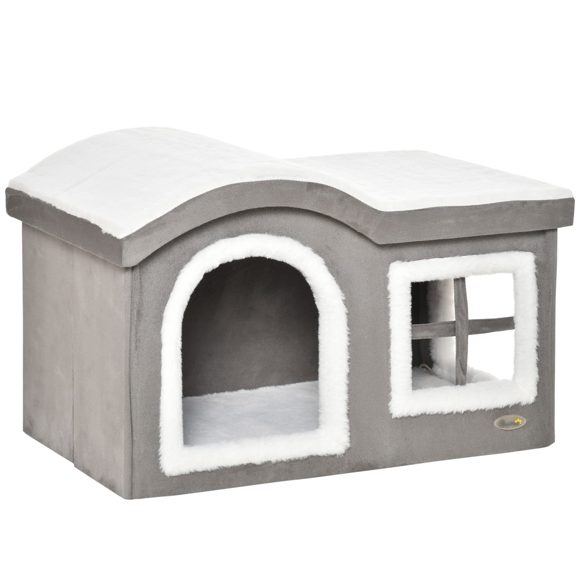 Pawhut Casetta per Gatti da Interno con 2 Entrate e Finestra, Cuscino e Base Antiscivolo, 63.5x37x40cm, Grigio