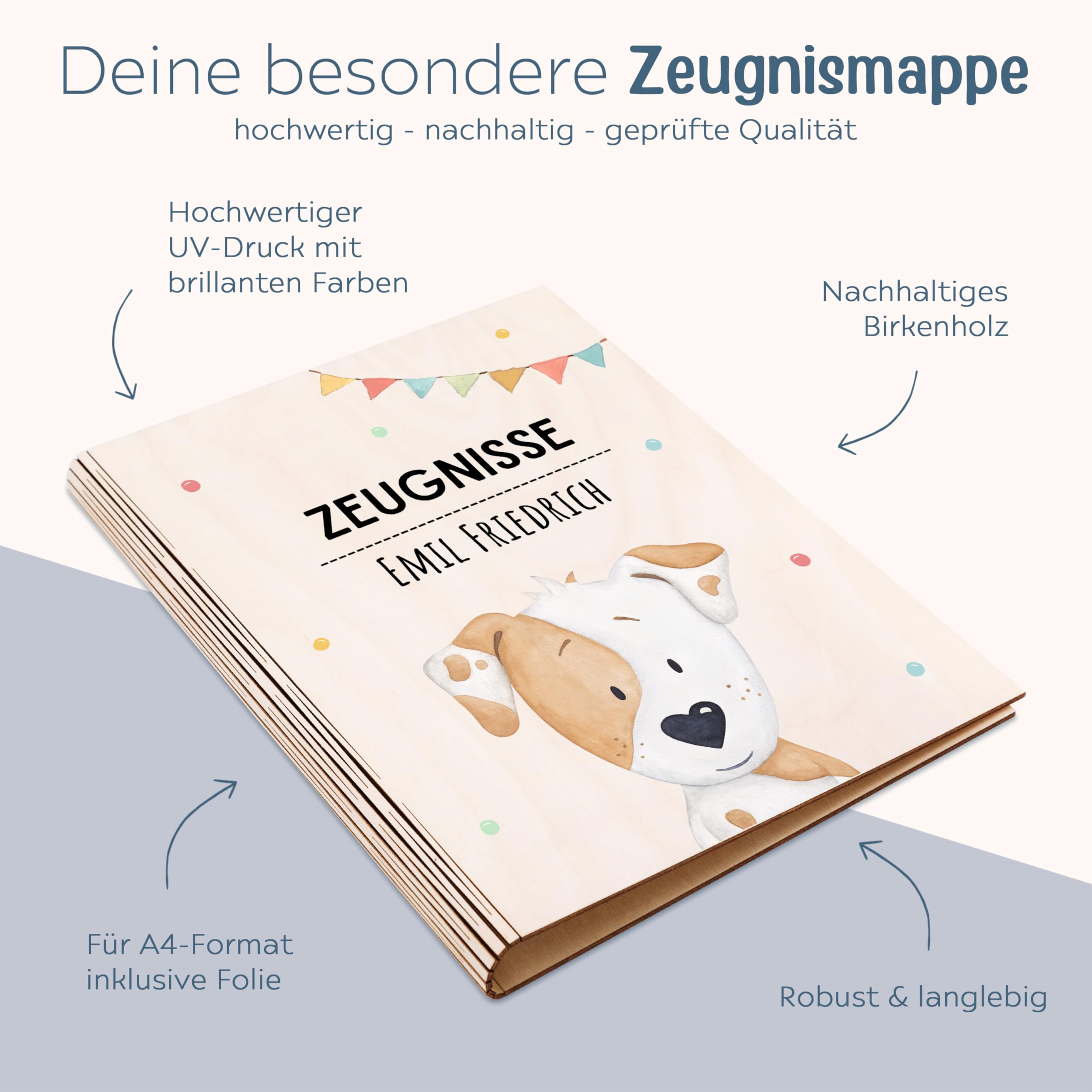 Wunderwunsch® - Personalisierte Zeugnismappe aus Holz Mit Hochwertigem Spezial-Druck - Einschulung Geschenk für Jungen & Mädchen (Hund Girlande)