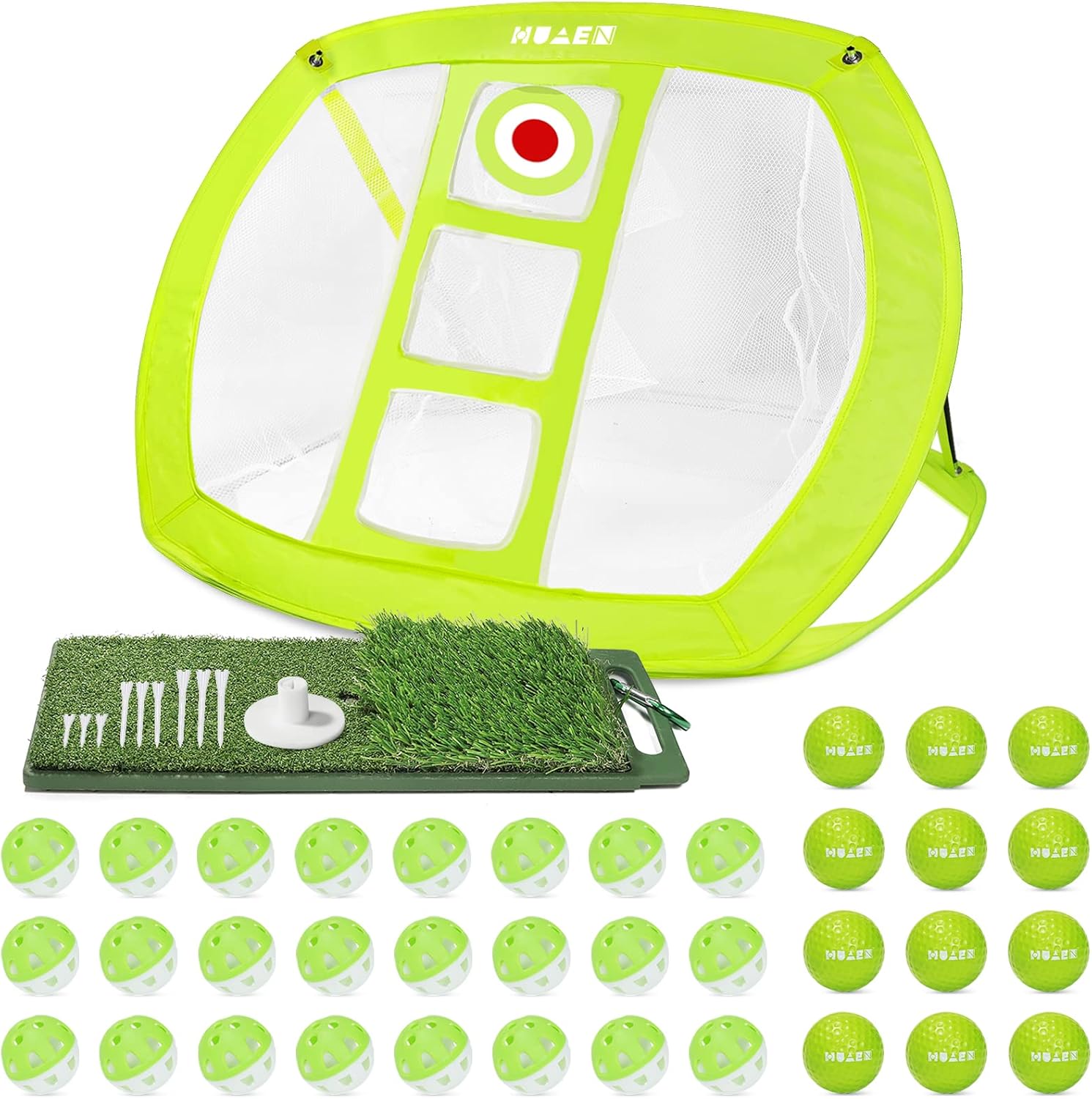 HUAEN Golf Chipping Net with Hitting Mat,12 Practice Foam Balls and 24 Plastic