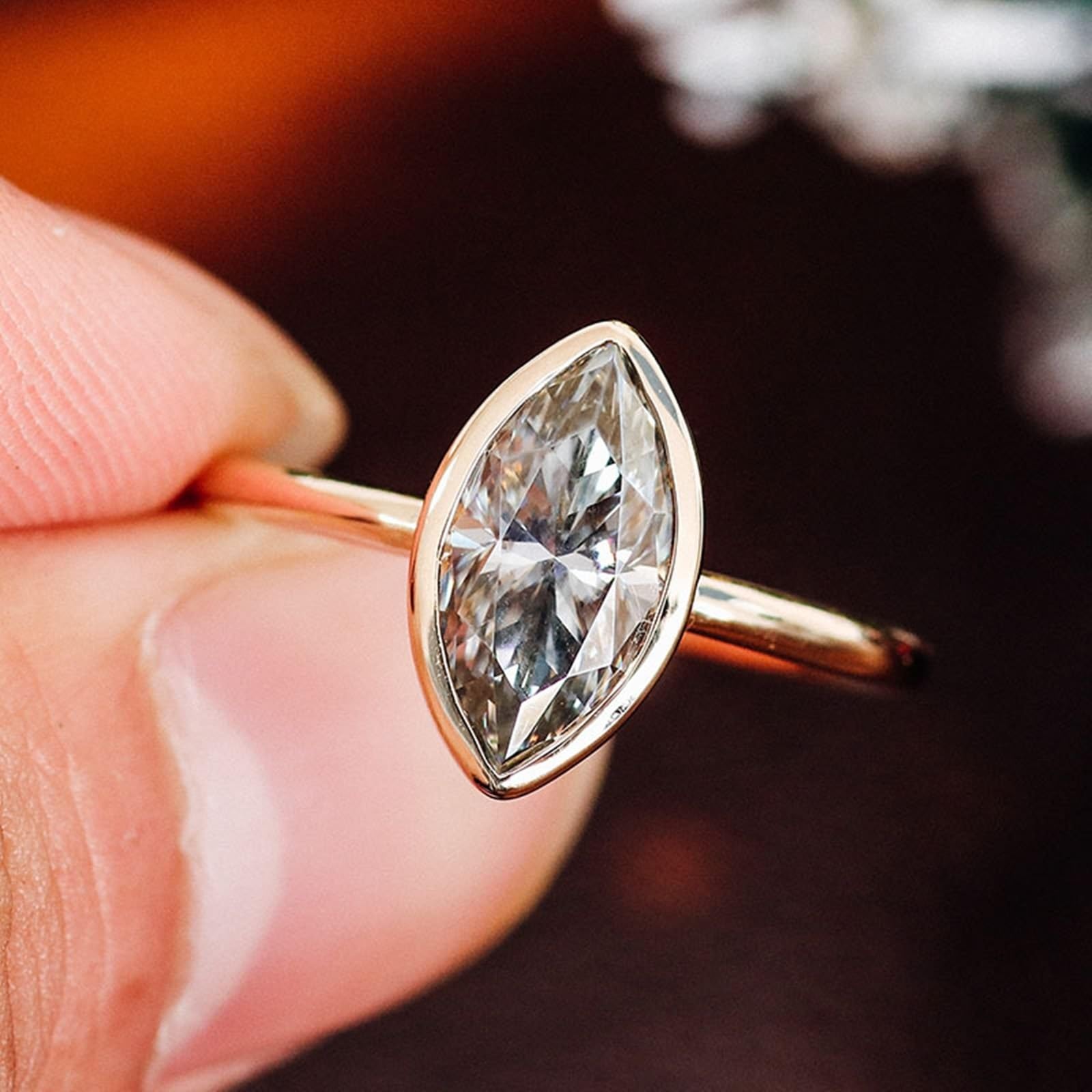 KnSam Verlobungsring 9K/14K/18K Gold, Klassiker Zierlich Eheringe mit 2ct Moissanit Marquise Hell Grau, Gelbgold Au375/ 585/750 Freundschaftsringe Pärchen Ringe Echt Gold Schmuck, Gr.47-62